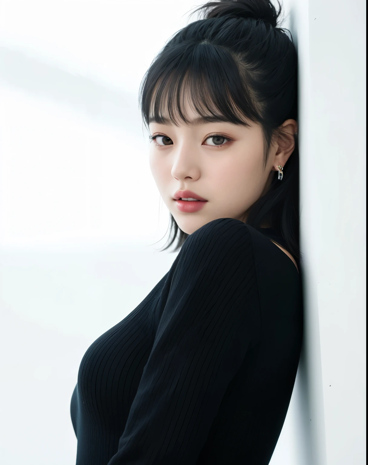 um close de uma mulher encostada em uma parede com batom vermelho, Lalisa Manobal, jaeyeon nam, Xisionwu, coreana, Ela tem cabelo preto com franja, gongbi, Asian girl, Heonhwa Choe, shikami, Lalisa Manoban do Blackpink, profile picture with headshot, Hwang se-é