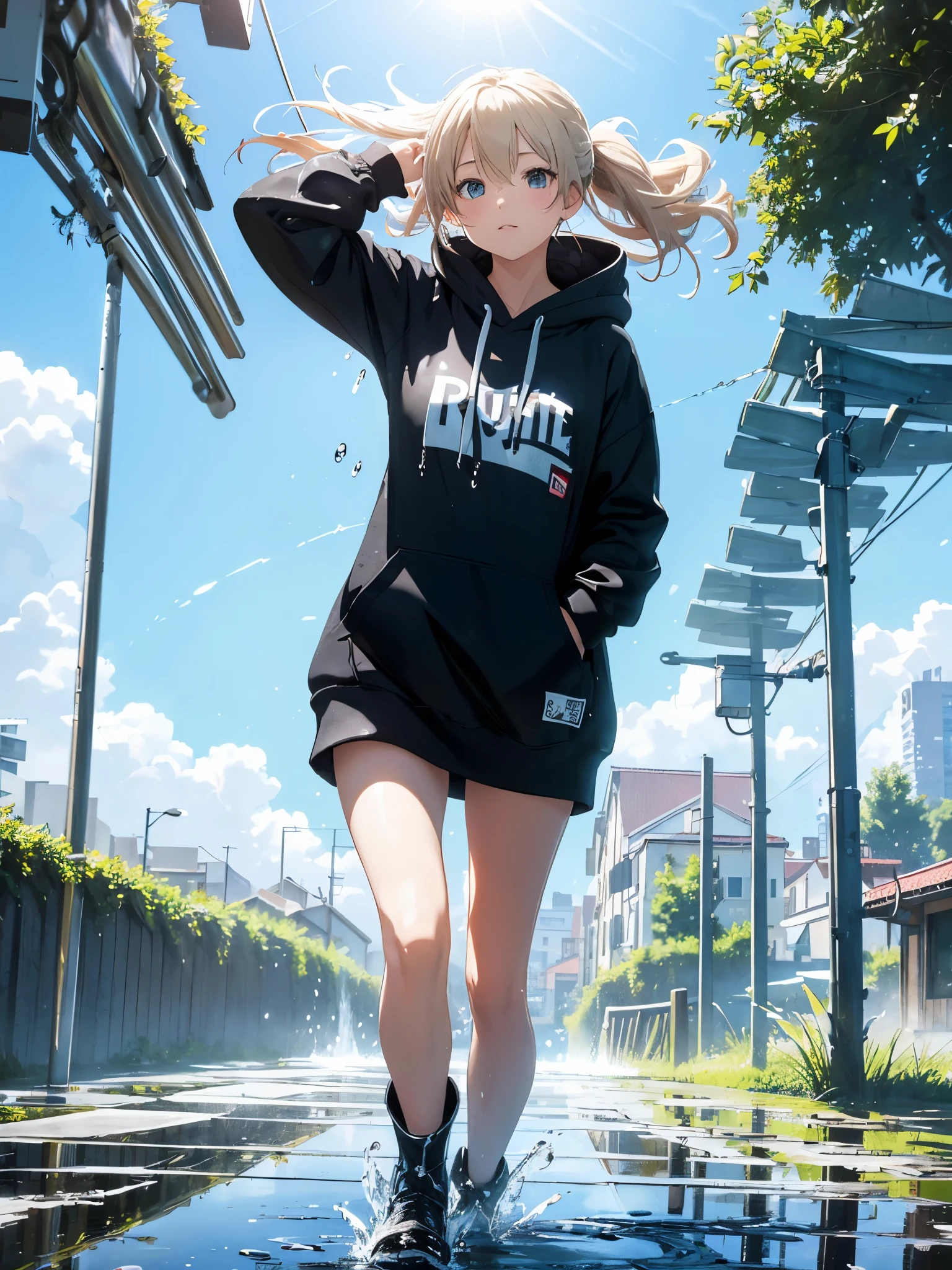 masterpiece, best quality, 1girl, after the rain, (running through puddles), dynamic angle, floating hair, sunny, Blue sky, puddle, (splash of water), splash of water, (Water in a puddle splashes), Oversized black hoodie,       
