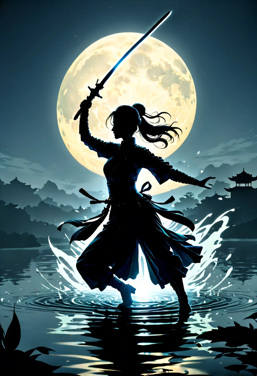(纯Black silhouette,Silhouette of heroine dancing sword:1.5),Glowing sword,(Fighting posture,强dyna姿势:1.4),on the lake,high contrast, movie lighting, Enigmatic Atmosphere,,lotus flower,Lotus leaf,corrugation,(splash of water;1.4),a moon,dyna,swordsman,Kungfu,Black silhouette