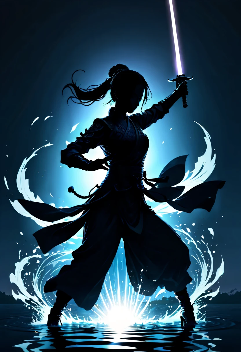 (纯Black silhouette,Silhouette of heroine dancing sword:1.5),Glowing sword,(Fighting posture,强dyna姿势:1.4),on the lake,high contrast, movie lighting, Enigmatic Atmosphere,,lotus flower,Lotus leaf,corrugation,(splash of water;1.4),a moon,dyna,swordsman,Kungfu,Black silhouette
