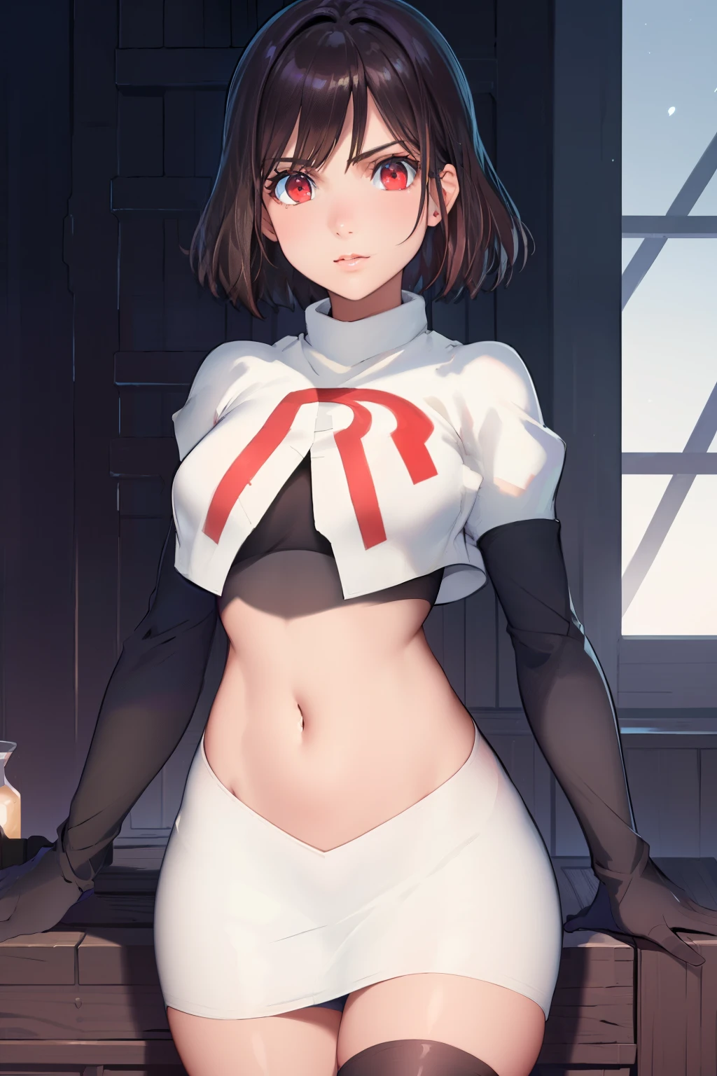 (extremely detailed CG), (best quality), perfect face, shiny skin, lustrous skin,wide hips,   1girl,solo ,    RaeTaylor,jewelry, red eyes, short hair, brown hair, looking at viewer,team rocket,team rocket uniform,white skirt,red letter R,crop top,black thigh-highs,black elbow gloves