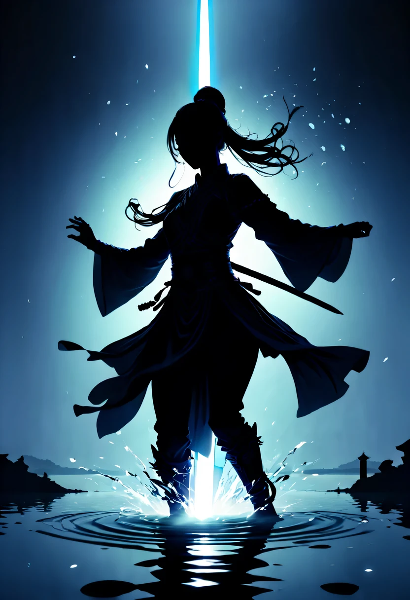 (纯Black silhouette,Silhouette of heroine dancing sword:1.5),Glowing sword,(Fighting posture,强dyna姿势:1.4),on the lake,high contrast, movie lighting, Enigmatic Atmosphere,,lotus flower,Lotus leaf,corrugation,(splash of water;1.4),a moon,dyna,swordsman,Kungfu,Black silhouette