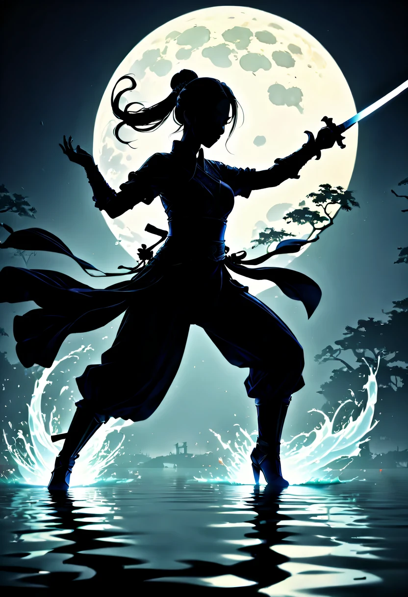 (纯Black silhouette,Silhouette of heroine dancing sword:1.5),Glowing sword,(Fighting posture,强dyna姿势:1.4),on the lake,high contrast, movie lighting, Enigmatic Atmosphere,,lotus flower,Lotus leaf,corrugation,(splash of water;1.4),a moon,dyna,swordsman,Kungfu,Black silhouette