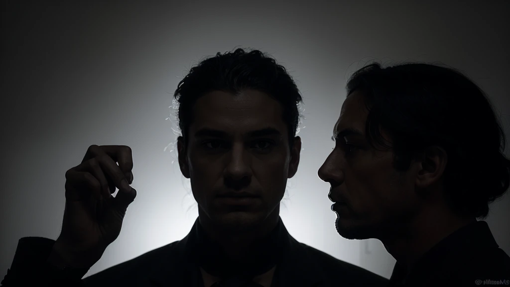 (Best Quality, 4K, 8K, High Resolution, Masterpiece: 1. 2), Super detailed, creative, varied silhouette art scenes, a variety of intricate silhouetted characters, detailed scene setups, lifelike characters, rich emotions, stark contrasts, excellent black and white compositions, impressive storyline, highlighting silhouettes; creative use of negative space; fine lines and intricate details that outlines silhouettes; men; artistic interpretation of characterization and movement