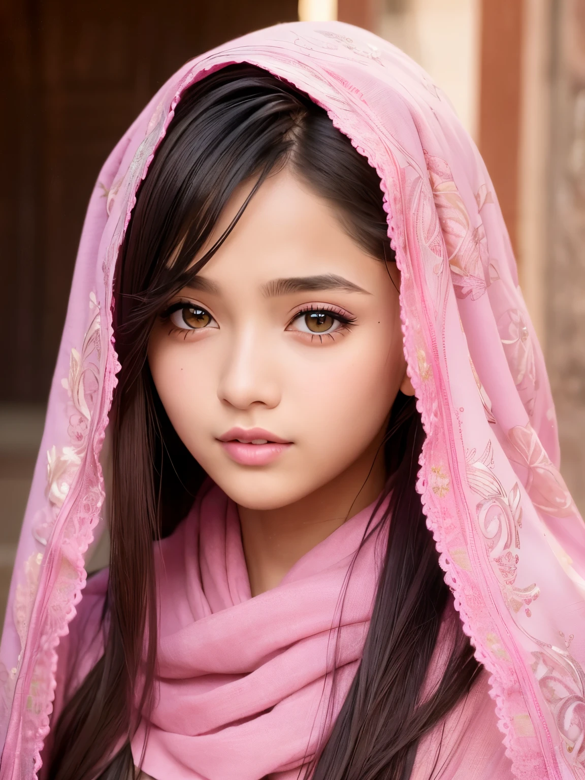 pink long shawl, beautiful girl, brown_eyeeautiful slim age girl 18 year old, lips, realistic, narrow waist, charming, pink lipstick, colorful makeup, long eyelashes, wearing eyeliner, fair skin, (cute), (detailed face), detailed eyes, detailed iris