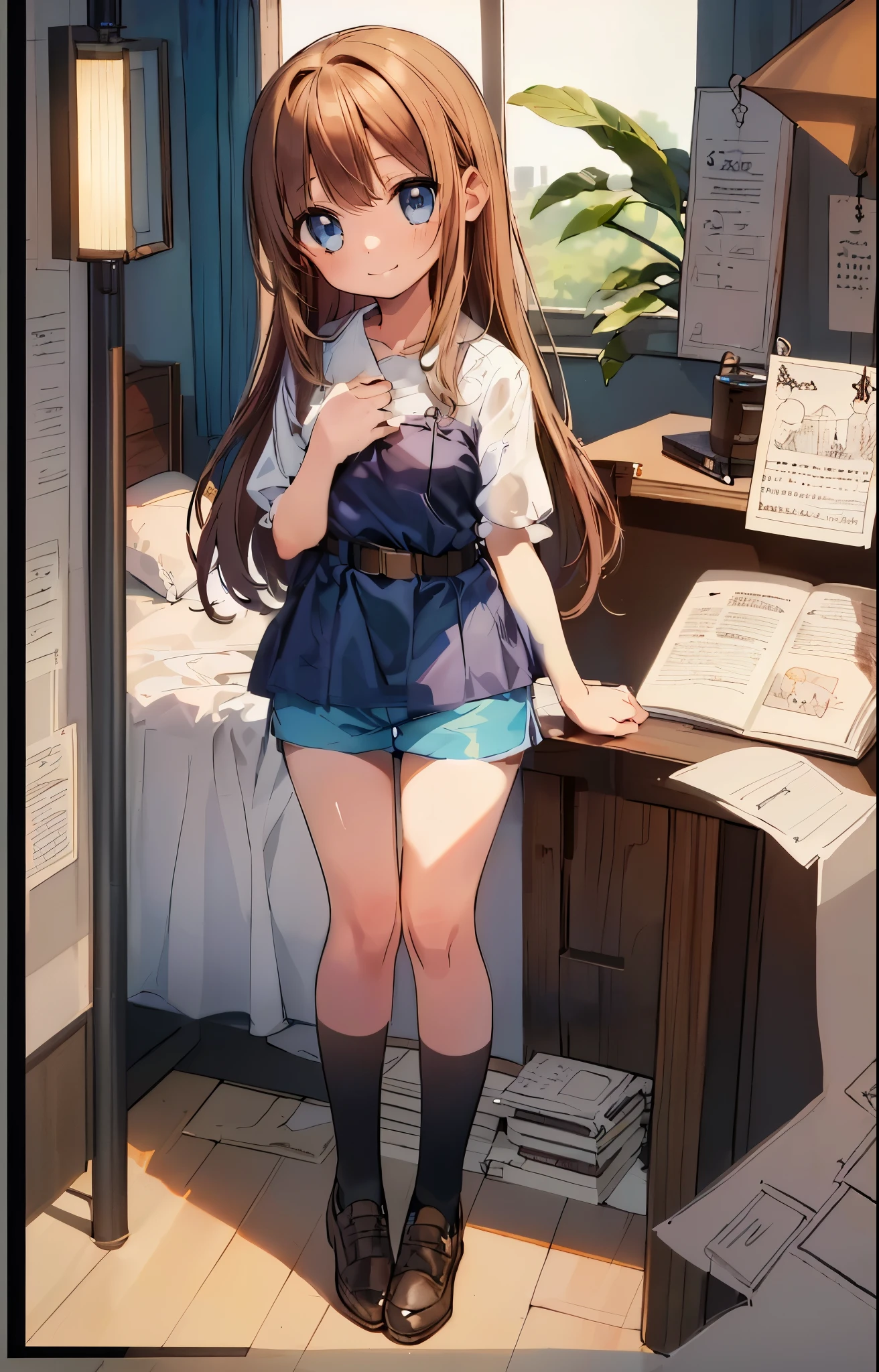 beautiful illustrations, highest quality,(12 year old girl:1.5)、(cute petite girl:1.6)、flat chest、(girl like bisque doll)、navy pleated blouse、white shirt、(Light blue shorts:1.6)、 cinematic lighting, ((brown straight hair))、Euphoric smile、Redness of the cheeks、white socks、brown shoes