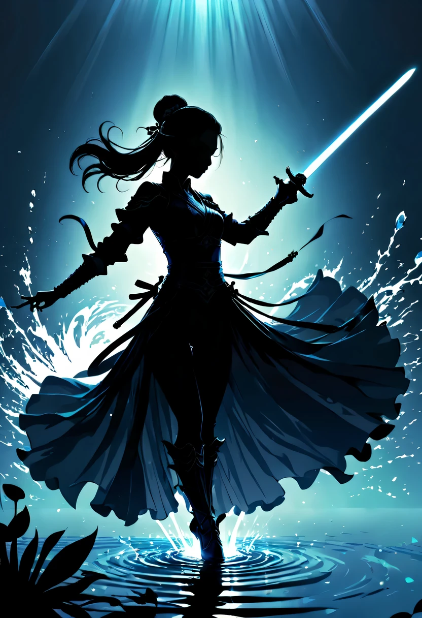 (纯Black silhouette,Silhouette of heroine dancing sword:1.5),Glowing sword,(Fighting posture,强dyna姿势:1.4),on the lake,high contrast, movie lighting, Enigmatic Atmosphere,,lotus flower,Lotus leaf,corrugation,(splash of water;1.4),a moon,dyna,swordsman,Kungfu,Black silhouette