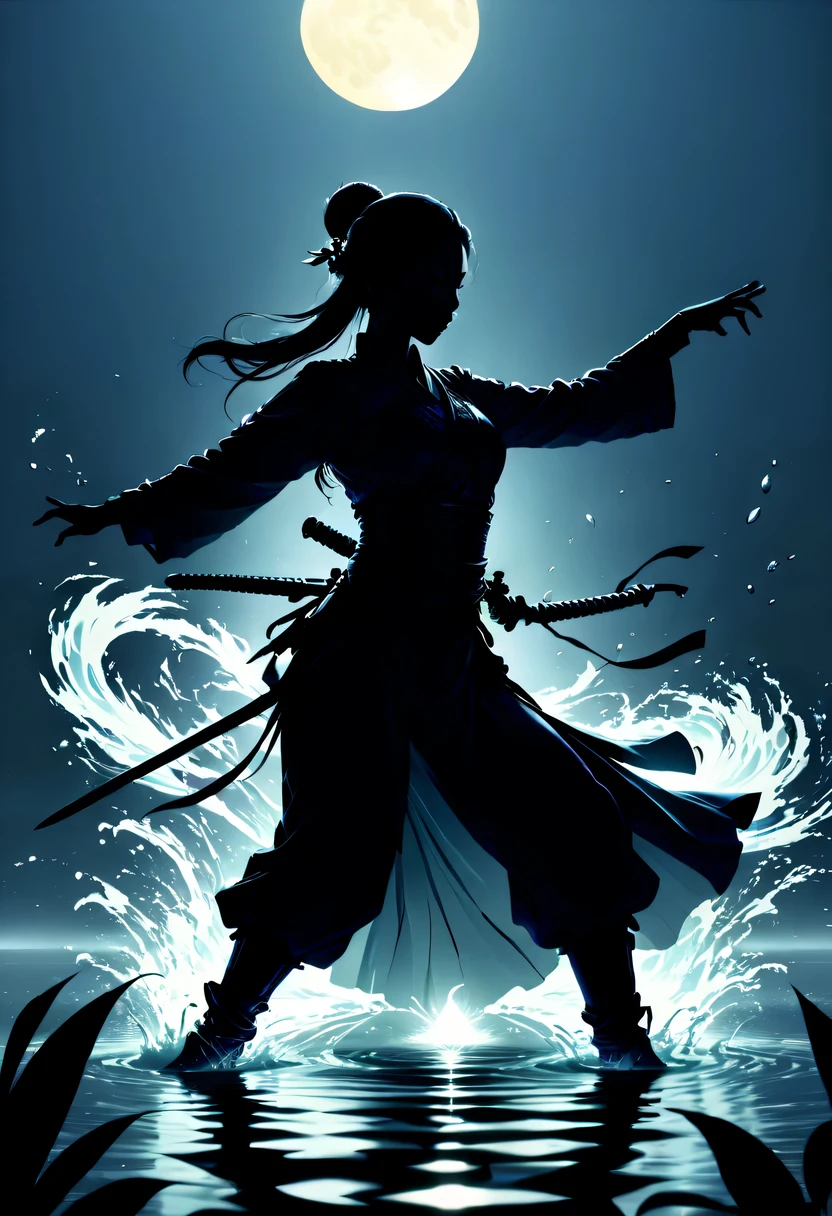 (纯Black silhouette,Silhouette of heroine dancing sword:1.5),Glowing sword,(Fighting posture，强dyna姿势:1.4),on  the lake，high contrast, movie lighting, Enigmatic Atmosphere,，lotus flower，Lotus leaf，corrugation，(splash of water;1.4)，a moon，dyna，swordsman，Kungfu，Black silhouette