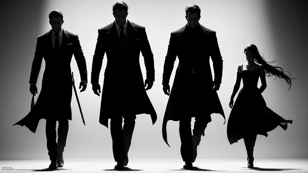 (Best Quality, 4K, 8K, High Resolution, Masterpiece: 1. 2), Super detailed, creative, varied silhouette art scenes, a variety of intricate silhouetted characters, detailed scene setups, lifelike characters, rich emotions, stark contrasts, excellent black and white compositions, impressive storyline, highlighting silhouettes; creative use of negative space; fine lines and intricate details that outlines silhouettes; men; artistic interpretation of characterization and movement