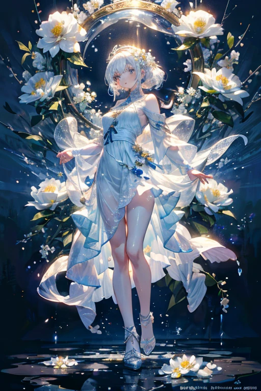 Paradise in Heaven, White lighting,(muste piece), (best quality), (cinematic), 8K, (art station), Li Yue painting style.(長いwhite hairとSilvery eyesを持つ1人の女), (Beautiful delicate face)、[ Particle Lou Full Moon] [Frozen trees々] [landscape crystal] [great writing] [Ethereal Atmosphere]:1.1] [Fantasy, short story] [soft great writing] [+cinematic shot]:1.2 [+art station] [+luminous white background] [+soft great writing] [soft glow] [Creative and dynamic angles]:1.3, [+Crystal Toning] 、muste piece, very detailed, Super detailed, solo, (pale skin), Silvery eyes, white hair, (snowy background), (snowflake rosen flower:1.0), (shining crystal),, (Snowy ground), (White lashes), sexy woman、dreamy and detailed, Gorgeous setting, 妖しい雰囲気 muste piece, The most beautiful scenes, majestic、(((full of white flowers)))、quiet and serene atmosphere、attractive, all white tones,Inside the crystal library,Transparent flowers and falling snow，Many white roses are planted,(flowingwater,falls,water bloom),The decoration is also carefully done.,Dreamy（very detailedです，creative design，crisp and precise lines，K HD，best quality，T Masterpiece，超High resolution，In 4K）、Diverse poses、((beautiful white flower hair ornament))、beautiful hairstyle、(best quality, In 4K, 8K, High resolution, muste piece:1.2), Super detailed, Detailed expression, Graceful posture, expressive brush strokes, mystic atmosphere, artistic interpretation,Delicate floral jewelry， (((Detailed design、Beautiful lace translucent dress、see-through small dress)))、(SFW:1.5), (Oversized breasts, best body proportions, proportions of large breasts,:1.5),(white decoration on thigh)、((Beautiful crystal accessories on the legs))。((Beautiful crystal accessories on the arm))