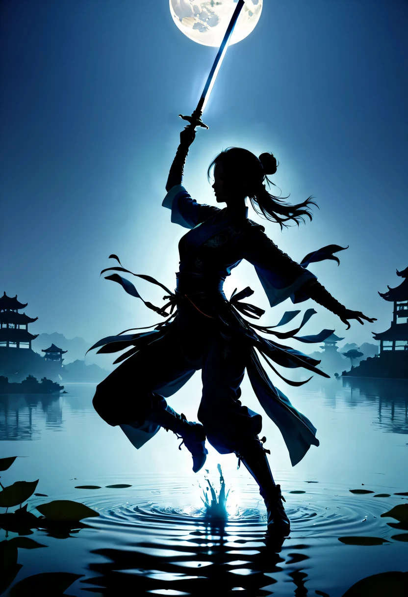 (Heroine dancing sword silhouette:1.5),Glowing sword,(Fighting posture,强That's it姿势:1.4),on the lake,high contrast, movie lighting, Enigmatic Atmosphere,,lotus flower,Lotus leaf,corrugation,(Splashing water;1.4),a moon,That's it,swordsman,Kungfu