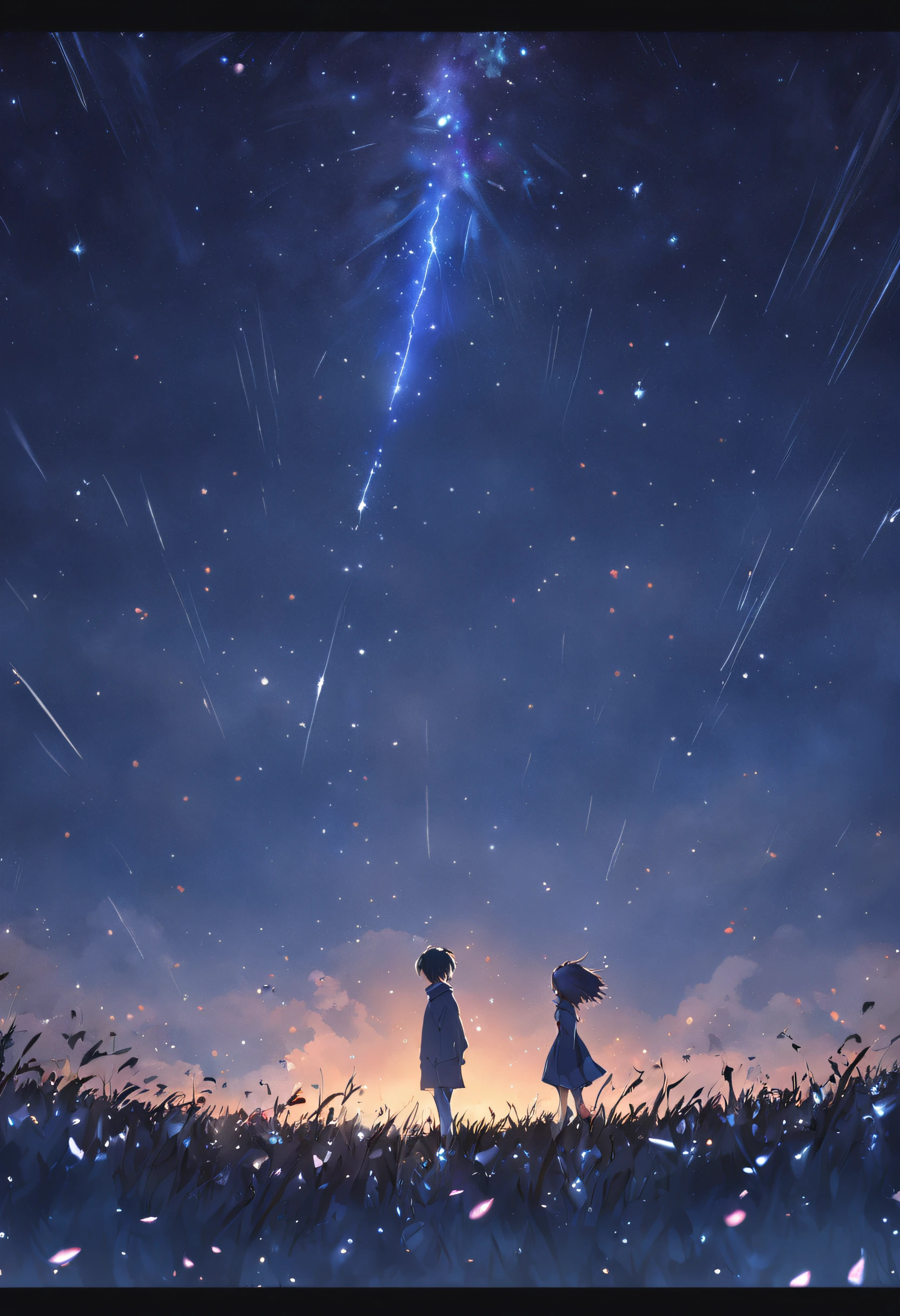 She and he lay face down in a field full of highland flowers,、Looking up at the night sky.、Maybe it's because it's cold., Their breath looks pale white.、The light source is a star in the night sky々Light only、She suddenly turns to him and blushes、A shooting star visible from the position of the head flowed into the night sky.、The area is pitch dark、In the darkness、masutepiece、realisitic、Passionate kiss、Highly detailed background,Realistic,ultra-detailliert,super detailed skin,light glow,Film grain,Expro II,Lens Flare,Sharpen,cinematic shadow