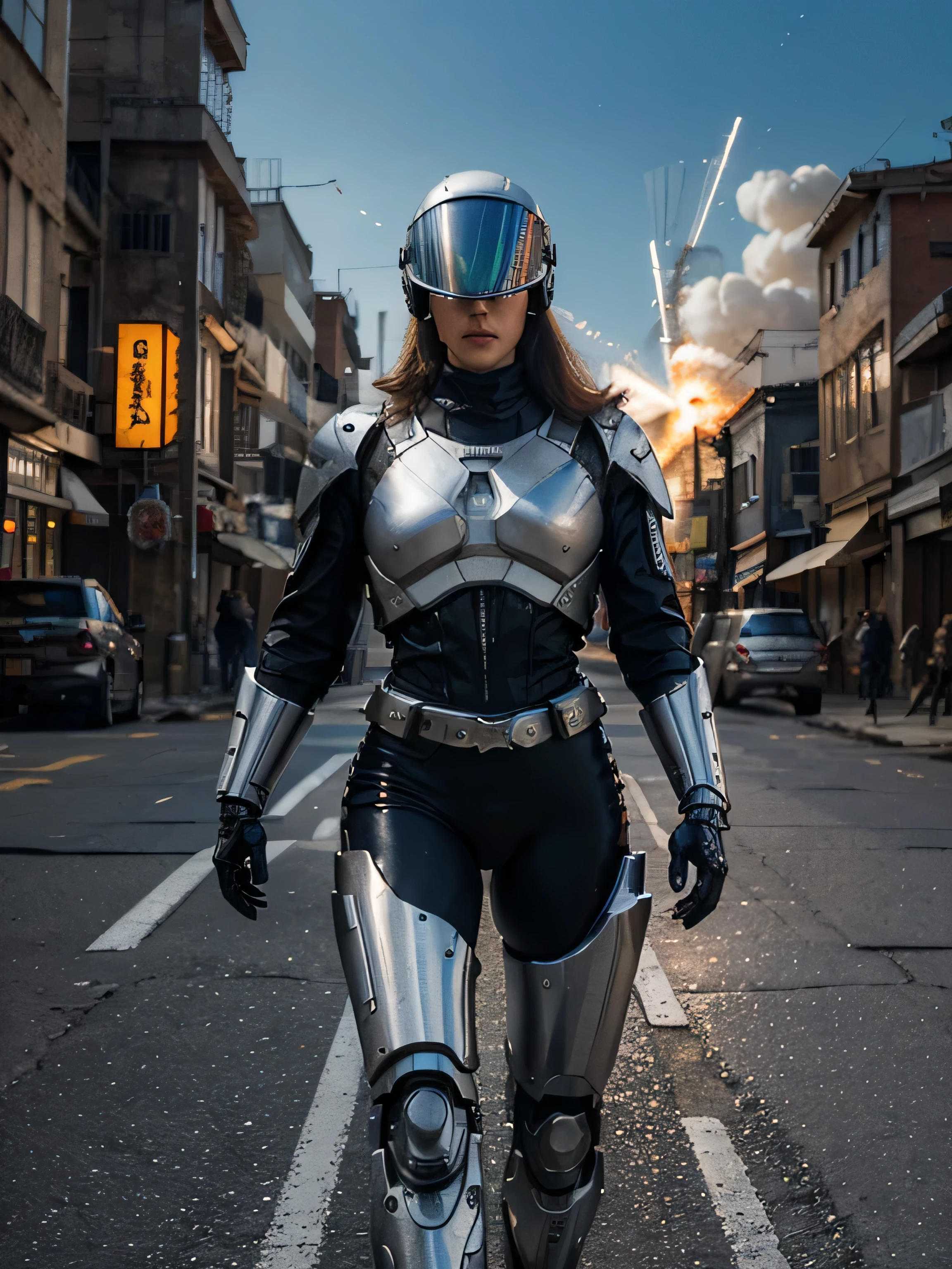 explosions, roupas brancas, full helmet with visor , white chrome terminator as robocop as cyborg, with big gun, rivets, an oil painting, rivets, the neutral colors, paul hedley , happy, action movie poster, fine art. royo. full view. moto yabusa. explosions behind. night. walking. explosions.