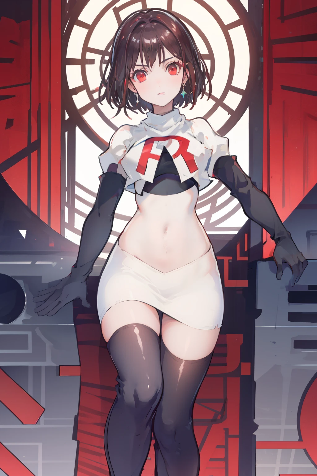 (extremely detailed CG), (best quality), perfect face, shiny skin, lustrous skin,wide hips,   1girl,solo ,    RaeTaylor,jewelry, red eyes, short hair, brown hair, looking at viewer,team rocket,team rocket uniform,white skirt,red letter R,crop top,black thigh-highs,black elbow gloves