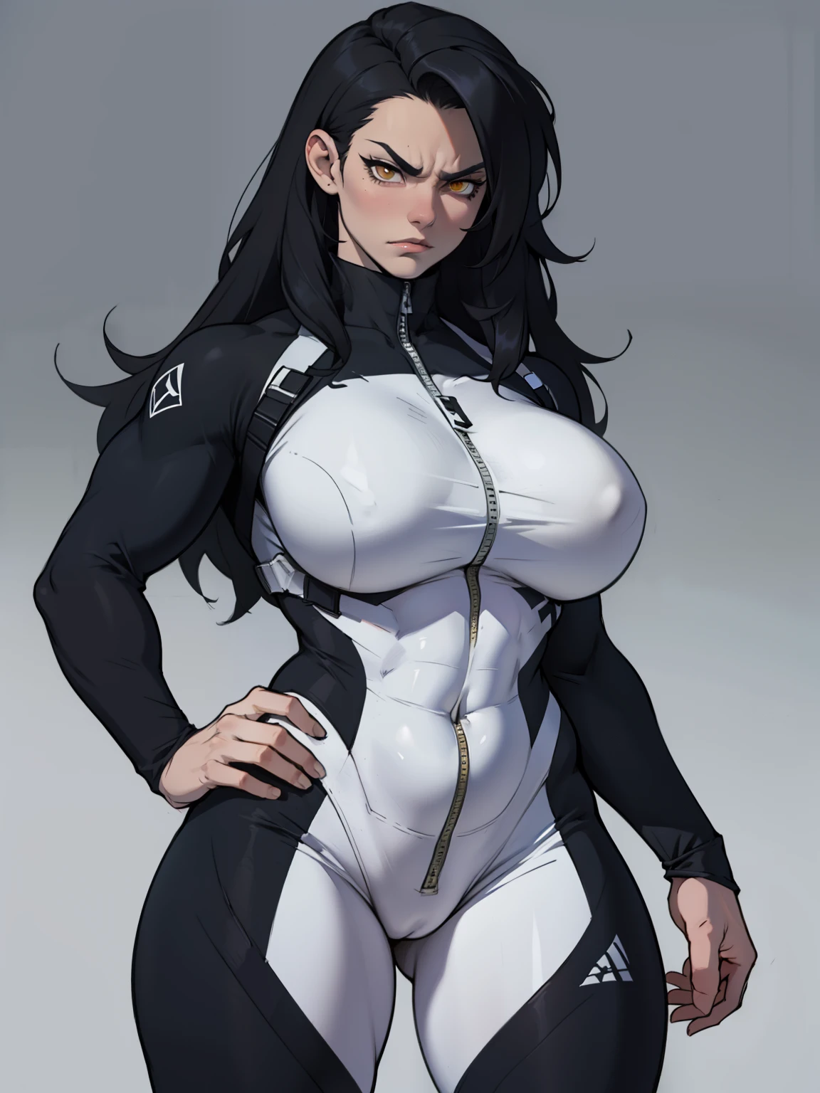 best quality best quality best quality black hair yellow eyes pale skin muscular huge breasts thick thighs angry solo extremely long hair girl body suit highly detailed highly detailed thick thick