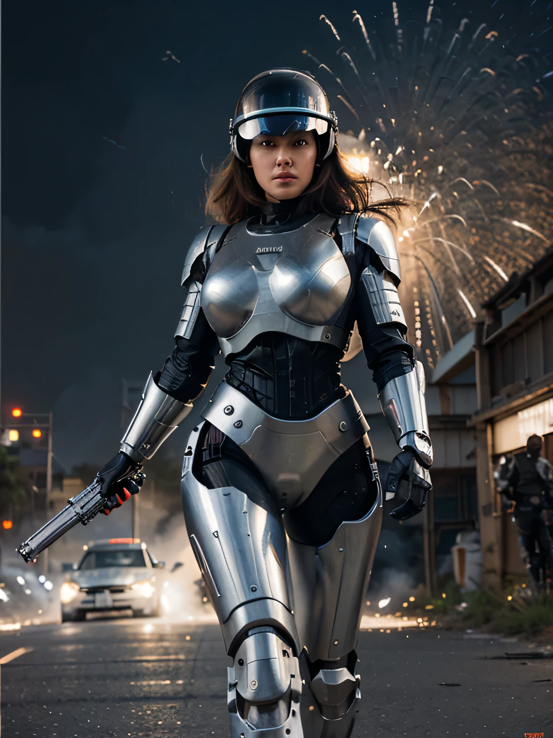 explosions, roupas brancas, full helmet with visor  , white chrome terminator as robocop as cyborg, with big gun, rivets, an oil painting, rivets, the neutral colors, paul hedley , happy, action movie poster, fine art. royo. full view. moto yabusa. explosions behind. night. walking. explosions.