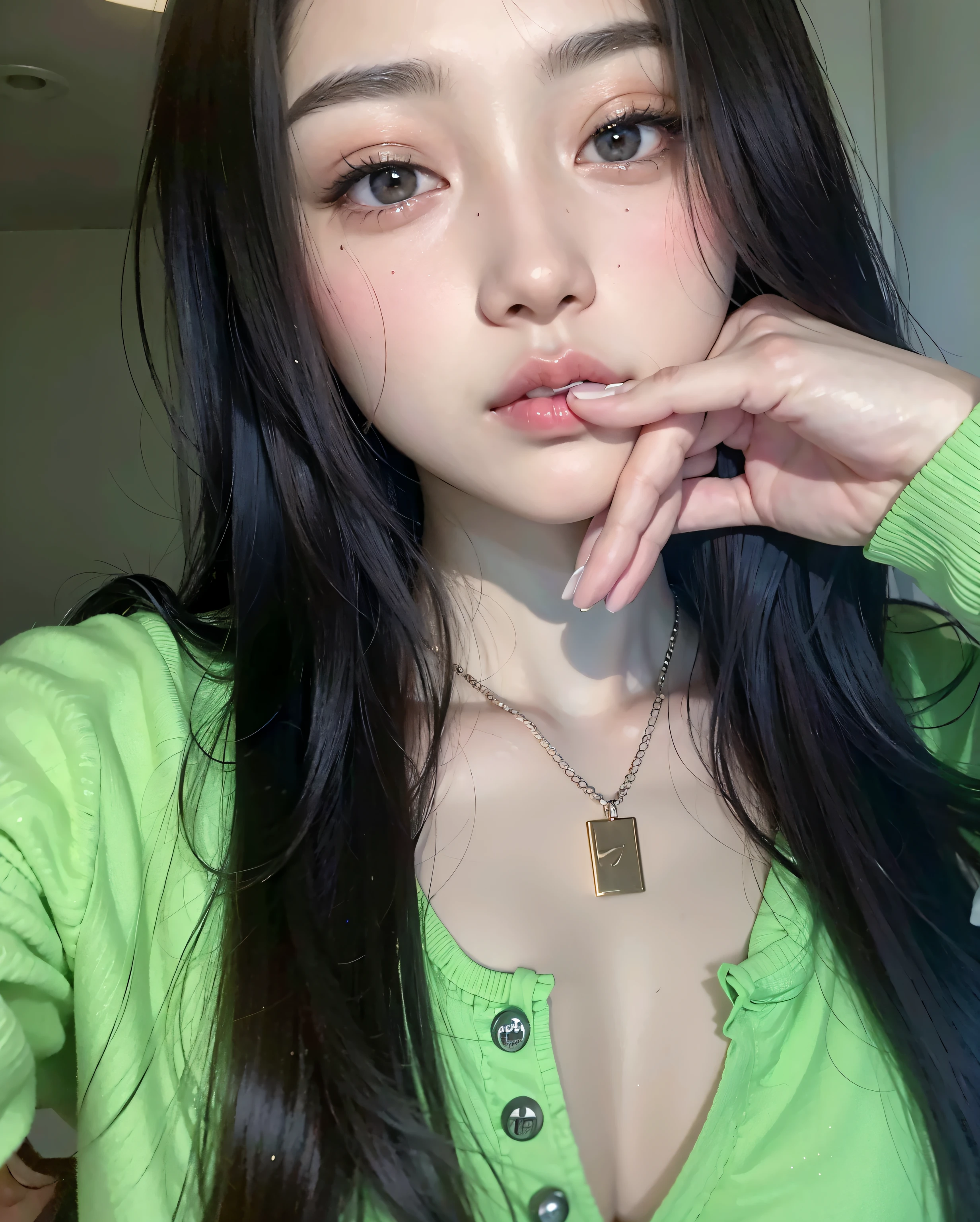 18 Year Old Girls Pussy - A close up of a woman with long hair wearing a green shirt - SeaArt AI