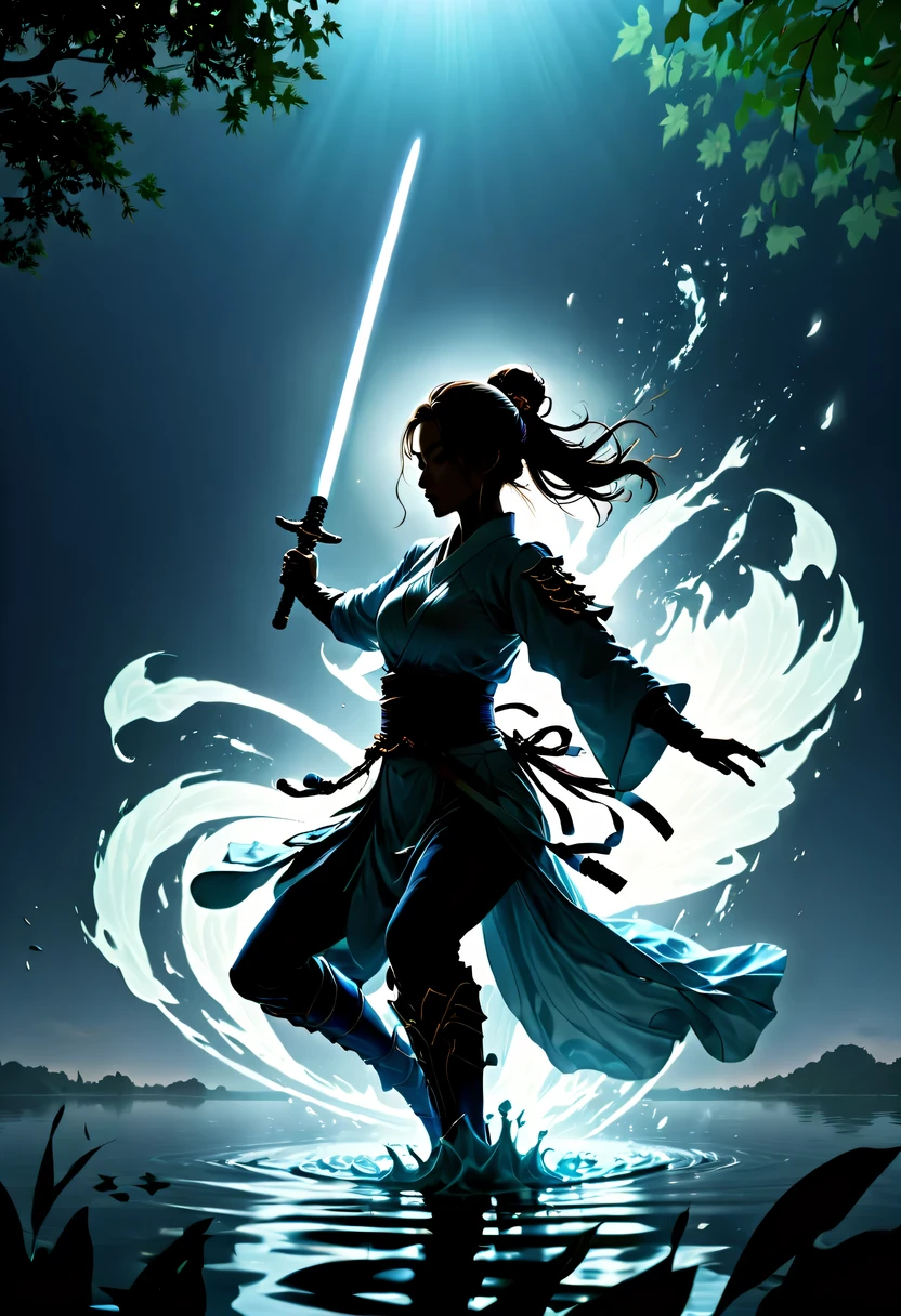 (Heroine dancing sword silhouette:1.5),Glowing sword,(Fighting posture,强That's it姿势:1.4),on the lake,high contrast, movie lighting, Enigmatic Atmosphere,,lotus flower,Lotus leaf,corrugation,(Splashing water;1.4),a moon,That's it,swordsman,Kungfu