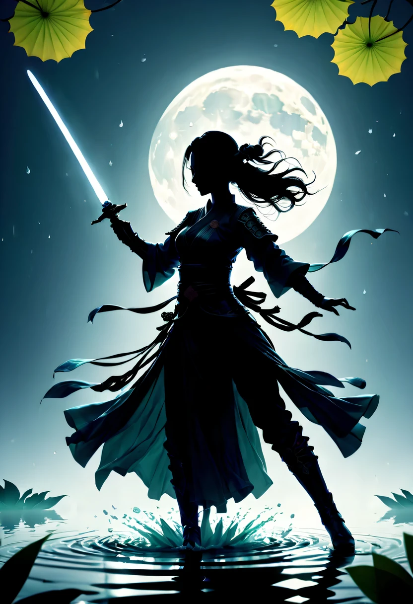 (Heroine dancing sword silhouette:1.5),Glowing sword,(Fighting posture,强That's it姿势:1.4),on the lake,high contrast, movie lighting, Enigmatic Atmosphere,,lotus flower,Lotus leaf,corrugation,(Splashing water;1.4),a moon,That's it,swordsman,Kungfu