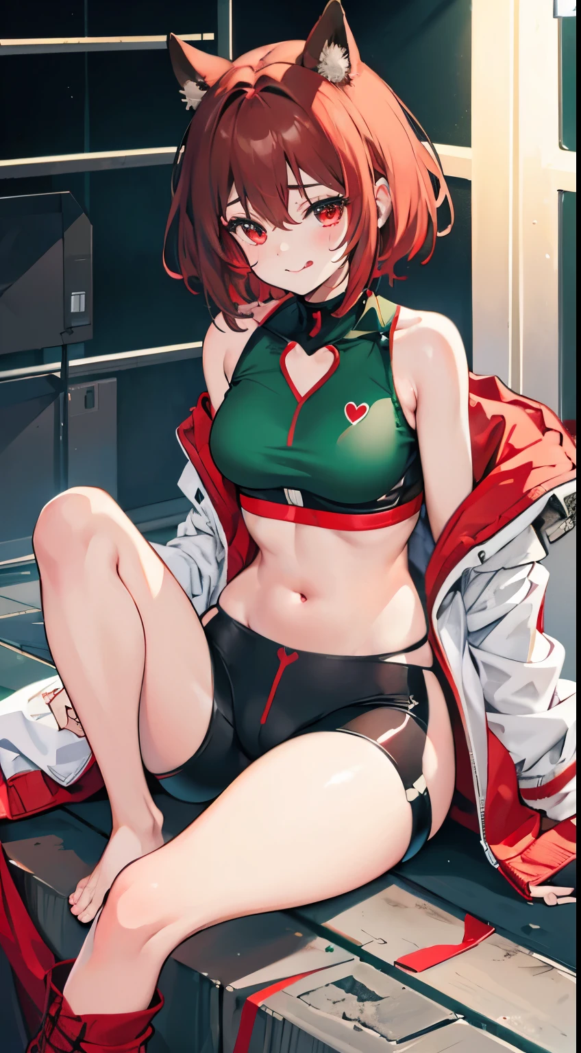 X-rated，Under the legend，Chara，teenage girl，Red-eyed，Smile，，green， leak，short crop top，hot pant，with short brown haice turned red， model，lust，Hand repair，detail， clothing，HD，no underwares， television show，Upturned ，stick out your tongue，Playful，love heart，sweat，big ，sitting，opening  legs，，secretion，Liquid runoff，Thick liquid