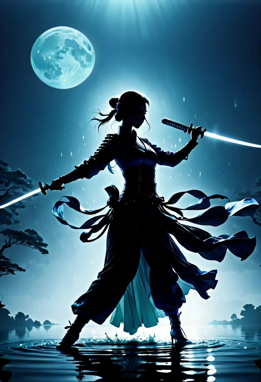 (Heroine dancing sword silhouette:1.5),Glowing sword,(Fighting posture，强That&#39;s it姿势:1.4),on  the lake，high contrast, movie lighting, Enigmatic Atmosphere,，lotus flower，Lotus leaf，corrugation，(Splashing water;1.4)，a moon，That&#39;s it，swordsman，Kungfu