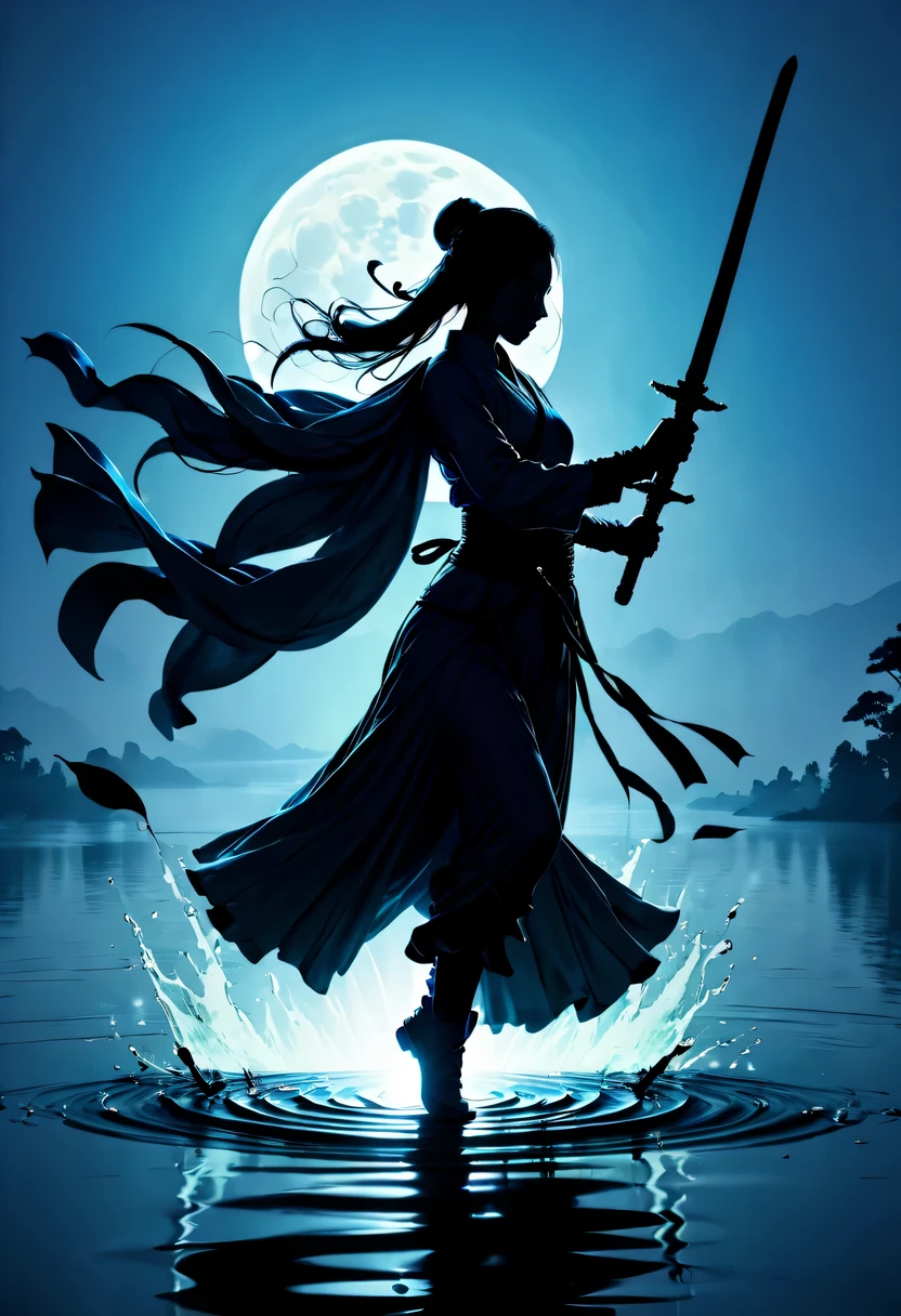 (Heroine dancing sword silhouette:1.5),Glowing sword,(Fighting posture,强That's it姿势:1.4),on the lake,high contrast, movie lighting, Enigmatic Atmosphere,,lotus flower,Lotus leaf,corrugation,(Splashing water;1.4),a moon,That's it,swordsman,Kungfu