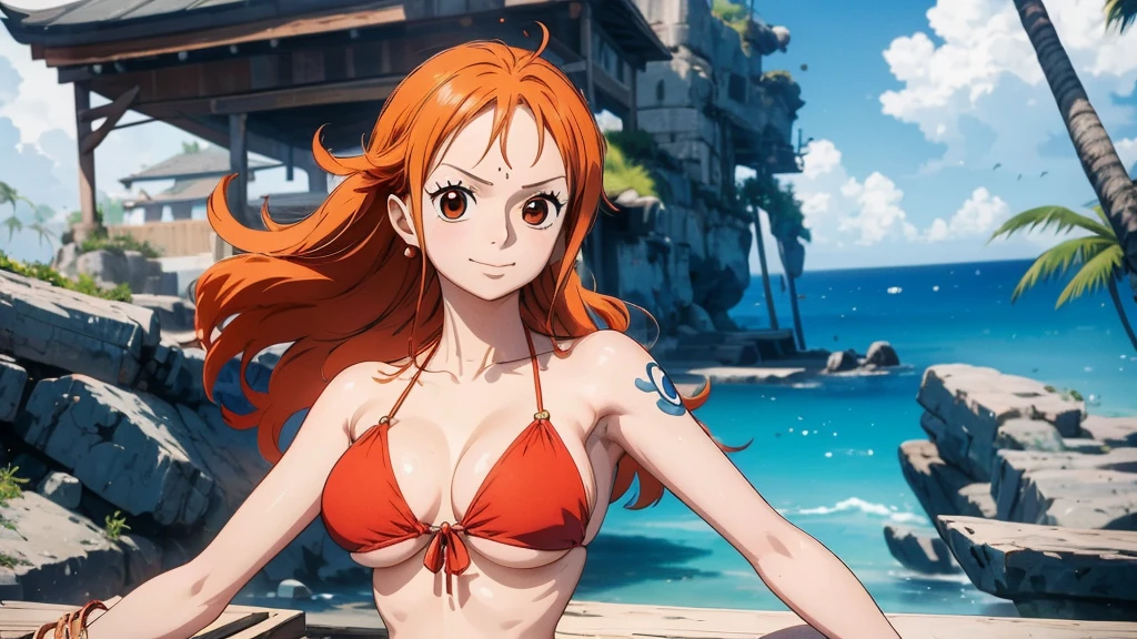 An Arafe woman wears a bikini top and red super miniskirt, nami one piece, uma obra-prima , Retrato bonito de Nami, nami from one piece,Nami em super minissaia vermelha, arte de anime digital detalhada, Cute Exirobat showing white pants, Muito detalhado Artgerm haha, deviantart artstation cgsscosiety, realistic red bikini, roupa de banho vermelha, fanart melhor artstation, Artgerm. alto detalhamento, seios grandes.