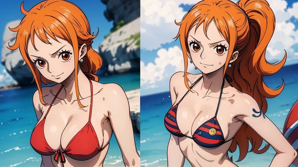 An Arafe woman wears a bikini top and red super miniskirt, nami one piece, uma obra-prima , Retrato bonito de Nami, nami from one piece,Nami em super minissaia vermelha, arte de anime digital detalhada, Cute Exirobat showing white pants, Muito detalhado Artgerm haha, deviantart artstation cgsscosiety, realistic red bikini, roupa de banho vermelha, fanart melhor artstation, Artgerm. alto detalhamento, seios grandes.