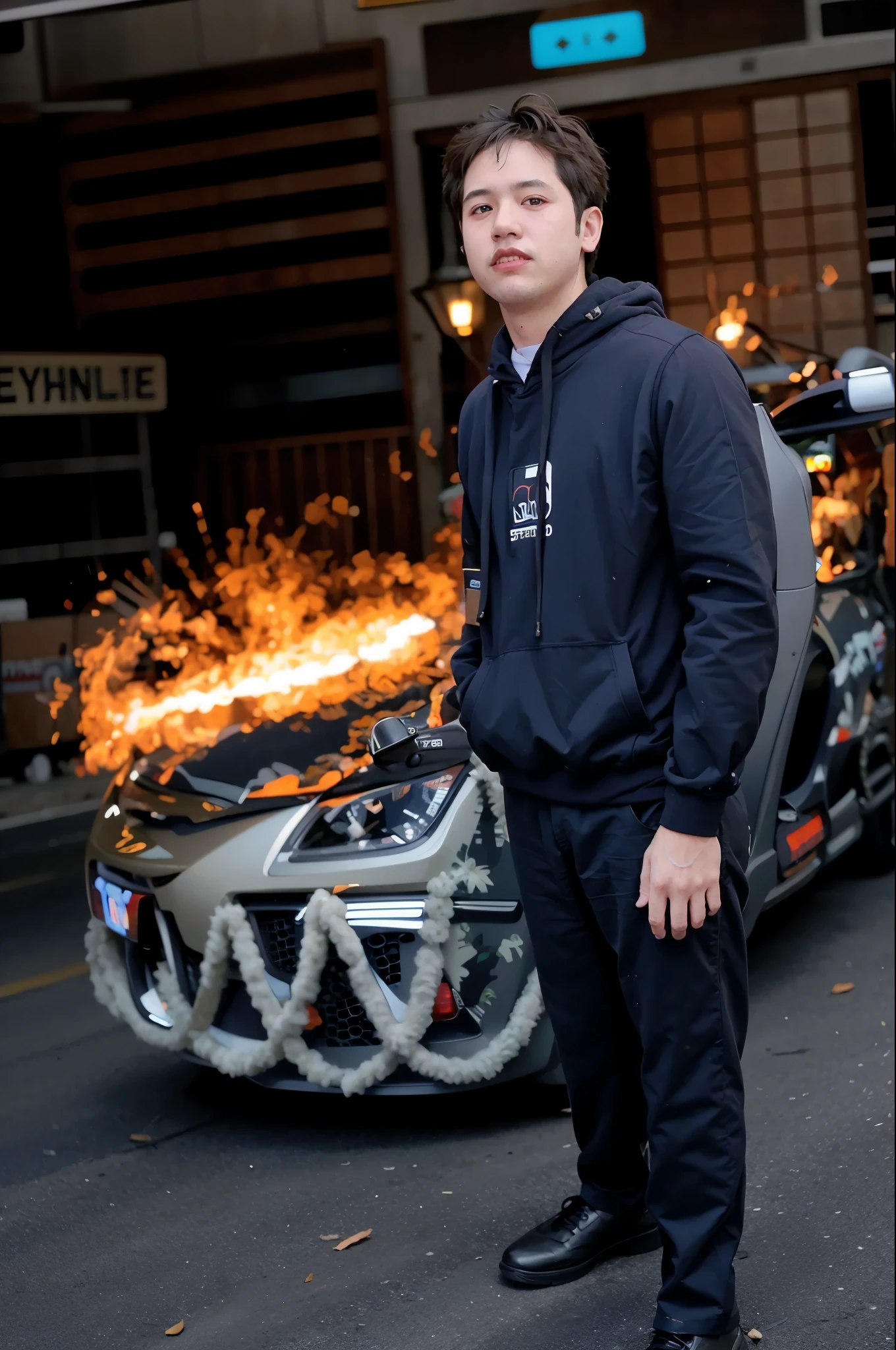 there is a man standing in front of a decorated car, taken with canon eos 5 d mark iv, taken with canon 8 0 d, taken with canon 5d mk4, shot on nikon z9, full body photogenic shot, 1614572159, edited in photoshop, good night, candid picture, taken with sony a7r camera