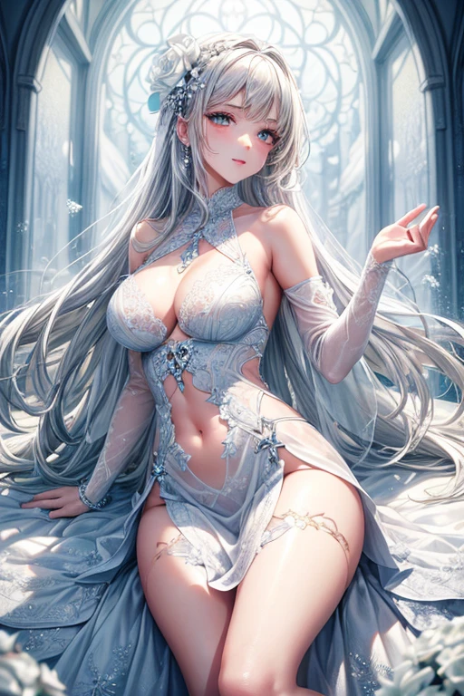 Paradise in Heaven, White lighting,(muste piece), (best quality), (cinematic), 8K, (art station), Li Yue painting style.(長いwhite hairとSilvery eyesを持つ1人の女), (Beautiful delicate face)、[ Particle Lou Full Moon] [Frozen trees々] [landscape crystal] [great writing] [Ethereal Atmosphere]:1.1] [Fantasy, short story] [soft great writing] [+cinematic shot]:1.2 [+art station] [+luminous white background] [+soft great writing] [soft glow] [Creative and dynamic angles]:1.3, [+Crystal Toning] 、muste piece, very detailed, Super detailed, solo, (pale skin), Silvery eyes, white hair, (snowy background), (snowflake rosen flower:1.0), (shining crystal),, (Snowy ground), (White lashes), sexy woman、dreamy and detailed, Gorgeous setting, 妖しい雰囲気 muste piece, The most beautiful scenes, majestic、(((full of white flowers)))、quiet and serene atmosphere、attractive, all white tones,Inside the crystal library,Transparent flowers and falling snow，Many white roses are planted,(flowingwater,falls,water bloom),The decoration is also carefully done.,Dreamy（very detailedです，creative design，crisp and precise lines，K HD，best quality，T Masterpiece，超High resolution，In 4K）、Diverse poses、((beautiful white flower hair ornament))、beautiful hairstyle、(best quality, In 4K, 8K, High resolution, muste piece:1.2), Super detailed, Detailed expression, Graceful posture, expressive brush strokes, mystic atmosphere, artistic interpretation,Delicate floral jewelry， (((Detailed design、Beautiful lace translucent dress、see-through small dress)))、(SFW:1.5), (Oversized breasts, best body proportions, proportions of large breasts,:1.5),(white decoration on thigh)、((Beautiful crystal accessories on the legs))。((Beautiful crystal accessories on the arm))