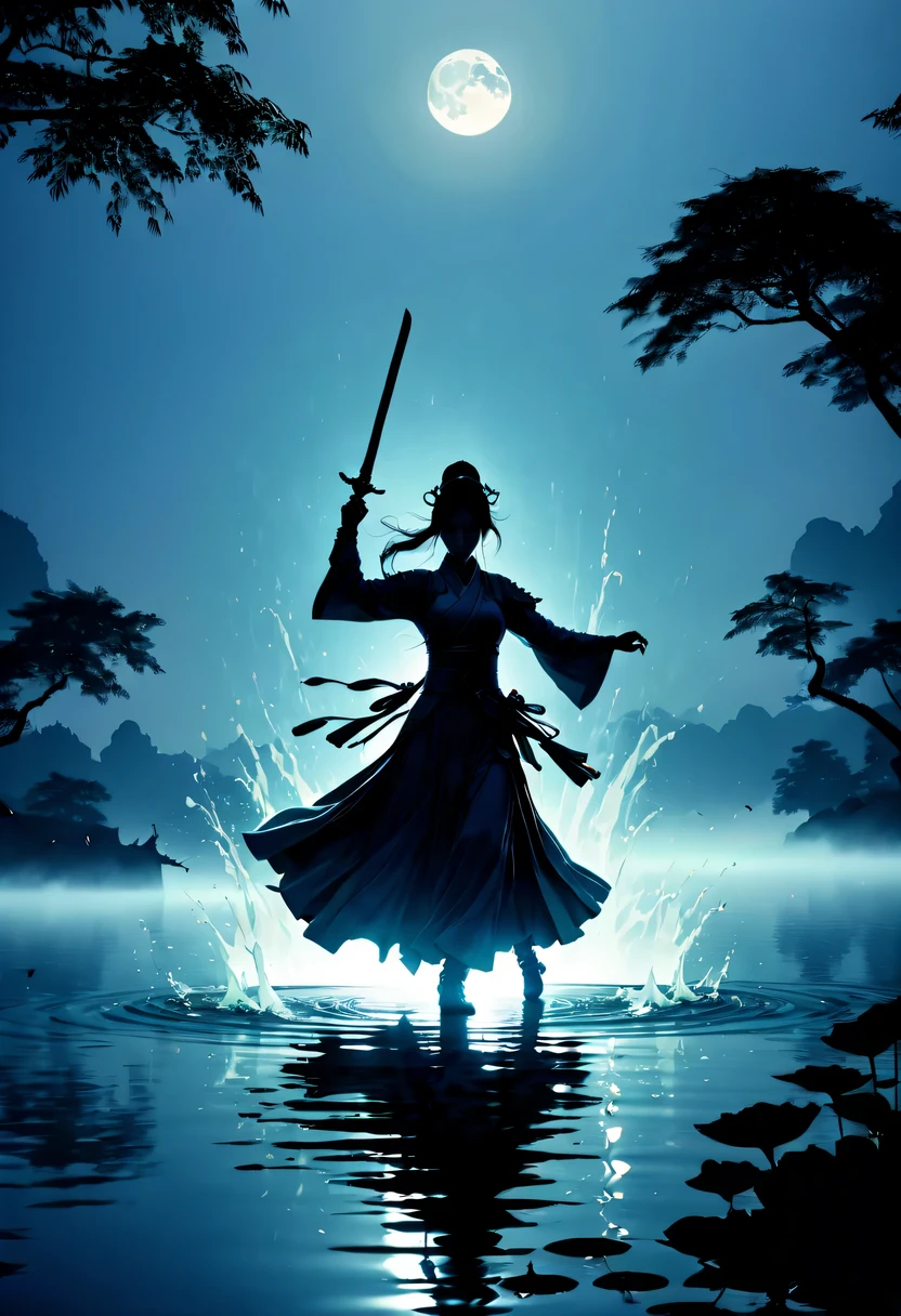 (Heroine dancing sword silhouette:1.5),Glowing sword,(Fighting posture,强That's it姿势:1.4),on the lake,high contrast, movie lighting, Enigmatic Atmosphere,,lotus flower,Lotus leaf,corrugation,(Splashing water;1.4),a moon,That's it,swordsman,Kungfu