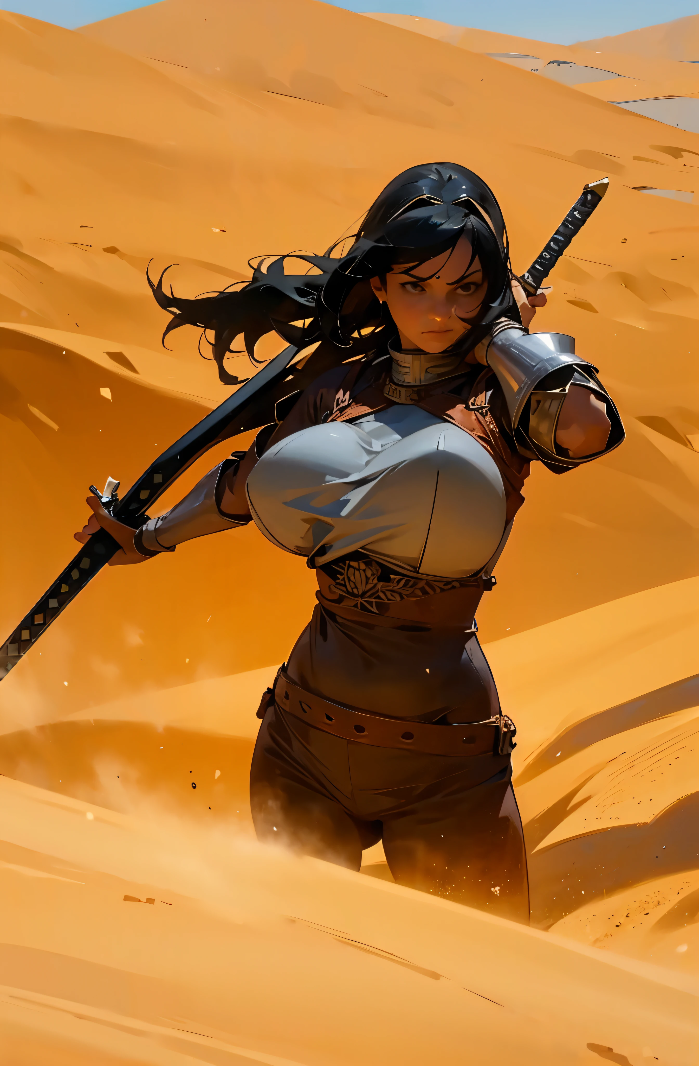 (high definition, 4k),1girl, medieval knight (in stile of Conan the Barbarian), wielding a sword,realistic,large breasts,facing the viewer, desert background,dusty wind blowing, sandstorm, (overexposure:1.5), warm tones, wide angle, blurred background:1.3