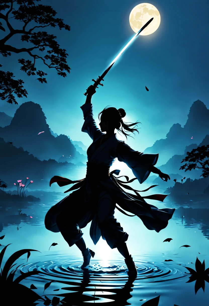 (Heroine dancing sword silhouette:1.5),Glowing sword,(Fighting posture，强That&#39;s it姿势:1.4),on  the lake，high contrast, movie lighting, Enigmatic Atmosphere,，lotus flower，Lotus leaf，corrugation，(water splash;1.4)，a moon，That&#39;s it，swordsman，Kungfu