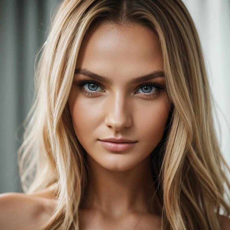 Фото sony a7iii 85 mm 1.4. Портрет дівчини, 26 років, довге волосся, блондинка. Має блакитні виразні очі, гарні довгі вії. Мила посмішка. Пухкі губи. Дуже гарна. Має риси обличчя як у romee strijd та candice swanopoel. Дуже детальне фото. Жуже реалістична дівчина. Більше деталей. Raw фото. Більш реалістична шкіра. Дуже детальна шкіра. Супер реалістичне фото живої дівчини. (high quality, ultra-detailed, realistic:1.2), ultra realistic 8k, ultra detailed, vibrant colors, studio lighting. Clear, very detailed photo,  3d face model.  great detail. detailed eyes, detailed lips, girl.  Do this pictures more realistic like photo raw. detailed features, uhd, dslr, soft lighting, high quality, film grain, detailed skin, hdr, 32k. More detailed and more sharp. Very beautiful  girl.