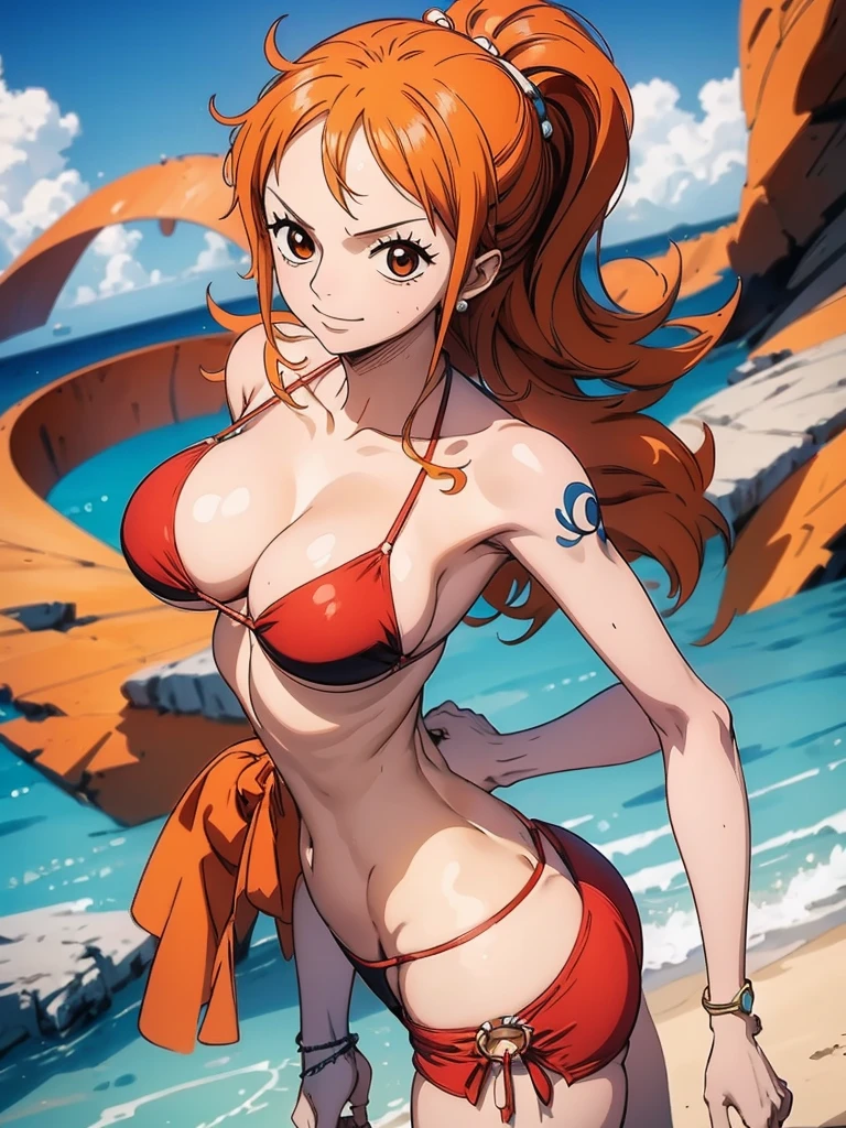 An Arafe woman wears a bikini top and red super miniskirt, nami one piece, uma obra-prima , Retrato bonito de Nami, nami from one piece,Nami em super minissaia vermelha, arte de anime digital detalhada, Cute Exirobat showing white pants, Muito detalhado Artgerm haha, deviantart artstation cgsscosiety, realistic red bikini, roupa de banho vermelha, fanart melhor artstation, Artgerm. alto detalhamento, seios grandes.