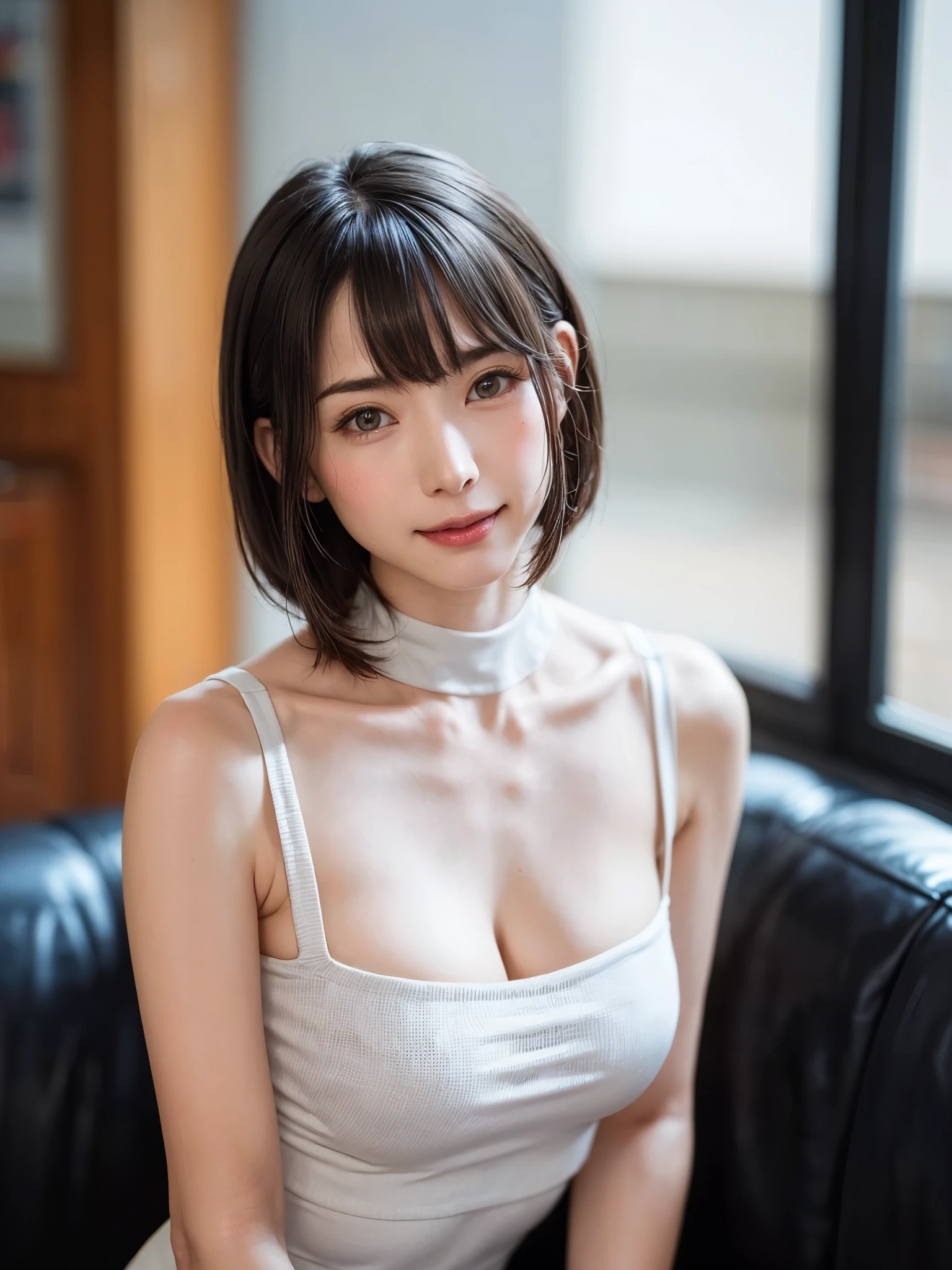 (muste piece, highest quality、High definition:1.4、very attractive beauty、Add intense highlights to your eyes、Please look closely at the camera:1.4、A beautiful woman full of charm、ideal body proportions、perfect anatomy、brunette short bob hair、shiny hair、bangs:1.4、光沢のあるbangs:1.4、lip gloss),1 girl, Report, light brown shiny hair, Scarf,realistic, looking at the viewer、tilt your head a little, bright colored crystal light blue eyes, shiny short hair、 White turtleneck costume with a hole in the center of the chest,Sexy white turtleneck knit sweater with a round hole in the middle of the chest、 lips, lip gloss, Upper body、Big eyes、eyelash、face is a little red、embarrassing)、((italian road in winter))、((short hair with Big eyess、Give students very strong highlights、{huge|big|hugeな|mega} Generally poor breasts:1.6、very bigger Generally poor breasts、look at the viewer、very beautiful beauty、Please show your ears、long neck、smile、smile、Feel happy、beautiful teeth、口を開いてsmile、heart-shaped pupil))、28 years old、very cute super model、