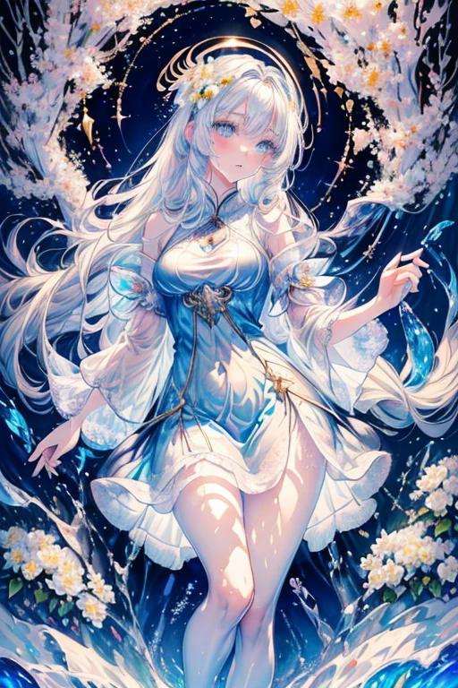Paradise in Heaven, White lighting,(muste piece), (best quality), (cinematic), 8K, (art station), Li Yue painting style.(長いwhite hairとSilvery eyesを持つ1人の女), (Beautiful delicate face)、[ Particle Lou Full Moon] [Frozen trees々] [landscape crystal] [great writing] [Ethereal Atmosphere]:1.1] [Fantasy, short story] [soft great writing] [+cinematic shot]:1.2 [+art station] [+luminous white background] [+soft great writing] [soft glow] [Creative and dynamic angles]:1.3, [+Crystal Toning] 、muste piece, very detailed, Super detailed, solo, (pale skin), Silvery eyes, white hair, (snowy background), (snowflake rosen flower:1.0), (shining crystal),, (Snowy ground), (White lashes), sexy woman、dreamy and detailed, Gorgeous setting, 妖しい雰囲気 muste piece, The most beautiful scenes, majestic、(((full of white flowers)))、quiet and serene atmosphere、attractive, all white tones,Inside the crystal library,Transparent flowers and falling snow，Many white roses are planted,(flowingwater,falls,water bloom),The decoration is also carefully done.,Dreamy（very detailedです，creative design，crisp and precise lines，K HD，best quality，T Masterpiece，超High resolution，In 4K）、Diverse poses、((beautiful white flower hair ornament))、beautiful hairstyle、(best quality, In 4K, 8K, High resolution, muste piece:1.2), Super detailed, Detailed expression, Graceful posture, expressive brush strokes, mystic atmosphere, artistic interpretation,Delicate floral jewelry， (((Detailed design、Beautiful lace translucent dress、see-through small dress)))、(SFW:1.5), (Oversized breasts, best body proportions, proportions of large breasts,:1.5),(white decoration on thigh)、((Beautiful crystal accessories on the legs))。((Beautiful crystal accessories on the arm))