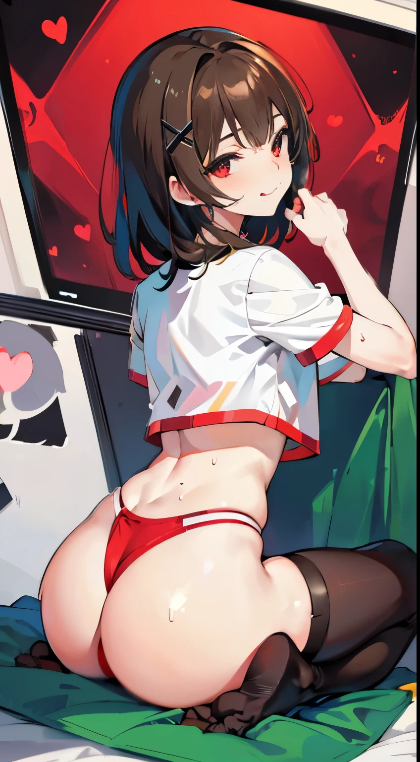 X-rated,Under the legend,Chara,age girl,Red-eyed,Smile,Sexy,green,Chest leak,short crop top,hot pant,Stalling's gull body standing painting,posture,with short brown haice turned red,Underwear model,lust,Hand repair,detail, clothing,HD,no underwares, television show,Upturned buttocks,stick out your tongue,Playful,love heart,Buttocks close up,sweat,back view,big ass,sitting,Puppy perspective