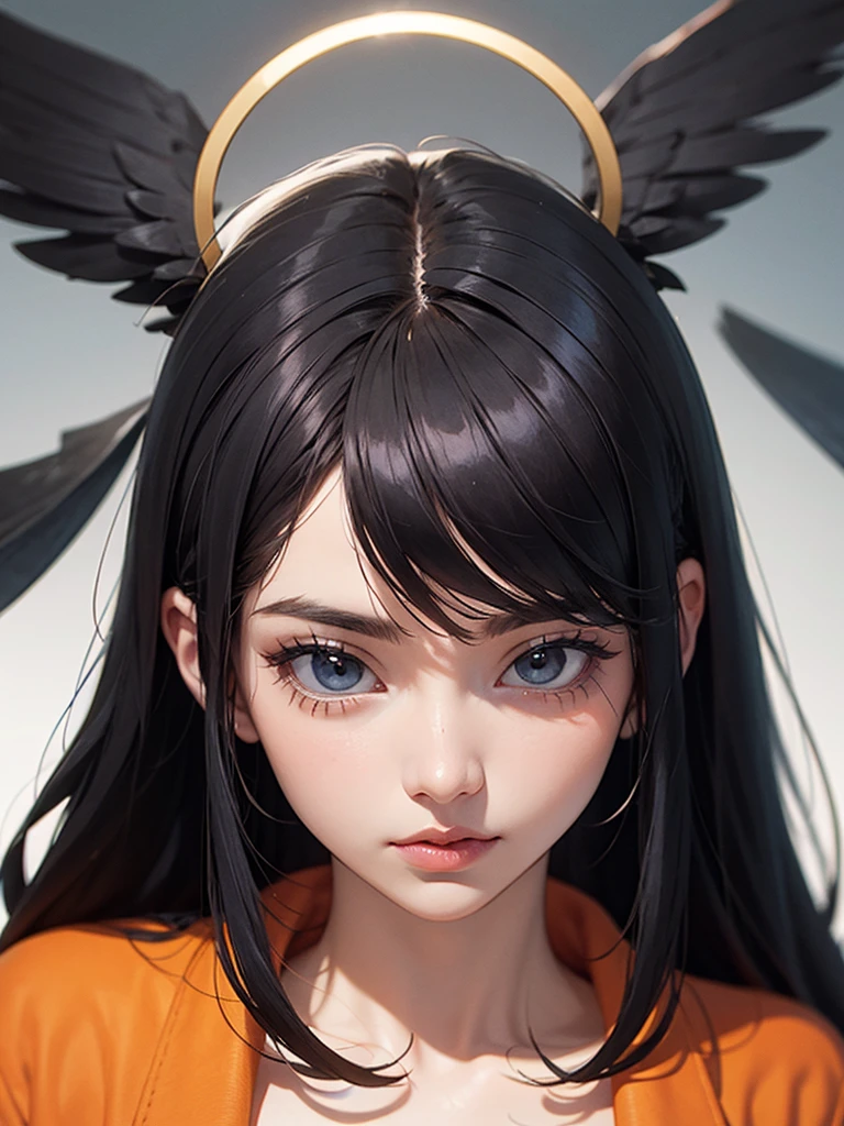 black hair, icon, anime style, masterpiece, symmetrical, minimalist design, UHD, ultra high resolution, orange halo, white background, realistic, 8k