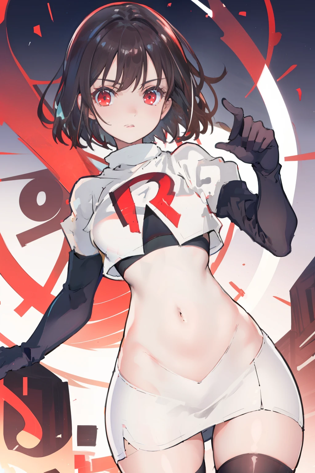 (extremely detailed CG), (best quality), perfect face, shiny skin, lustrous skin,wide hips,   1girl,solo ,    RaeTaylor,jewelry, red eyes, short hair, brown hair, looking at viewer,team rocket,team rocket uniform,white skirt,red letter R,crop top,black thigh-highs,black elbow gloves