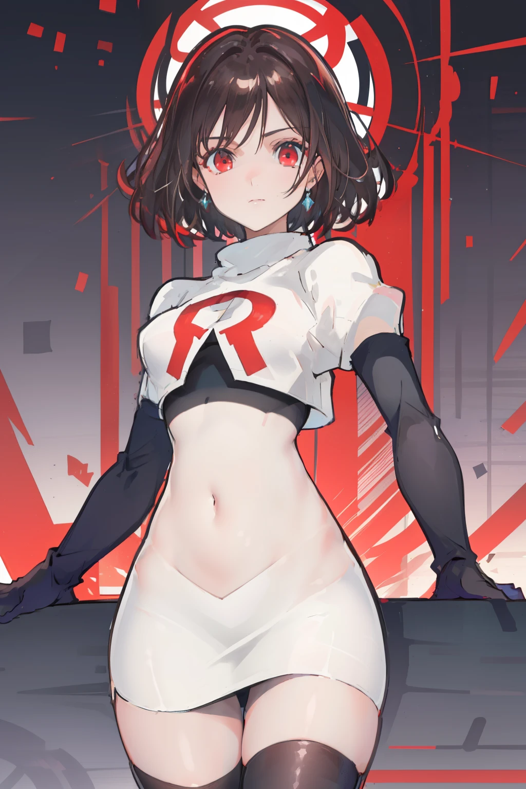 (extremely detailed CG), (best quality), perfect face, shiny skin, lustrous skin,wide hips,   1girl,solo ,    RaeTaylor,jewelry, red eyes, short hair, brown hair, looking at viewer,team rocket,team rocket uniform,white skirt,red letter R,crop top,black thigh-highs,black elbow gloves