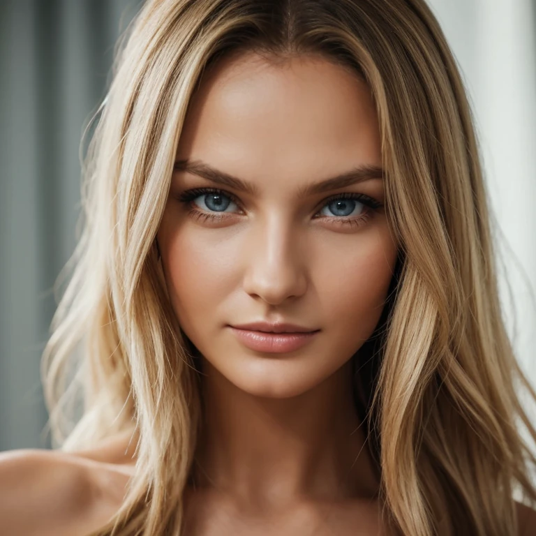 Фото sony a7iii 85 mm 1.4. Портрет дівчини, 26 років, довге волосся, блондинка. Має блакитні виразні очі, гарні довгі вії. Мила посмішка. Пухкі губи. Дуже гарна. Має риси обличчя як у romee strijd та candice swanopoel. Дуже детальне фото. Жуже реалістична дівчина. Більше деталей. Raw фото. Більш реалістична шкіра. Дуже детальна шкіра. Супер реалістичне фото живої дівчини. (high quality, ultra-detailed, realistic:1.2), ultra realistic 8k, ultra detailed, vibrant colors, studio lighting. Clear, very detailed photo, 3d face model. great detail. detailed eyes, detailed lips, girl. Do this pictures more realistic like photo raw. detailed features, uhd, dslr, soft lighting, high quality, film grain, detailed skin, hdr, 32k. More detailed and more sharp. Very beautiful girl.