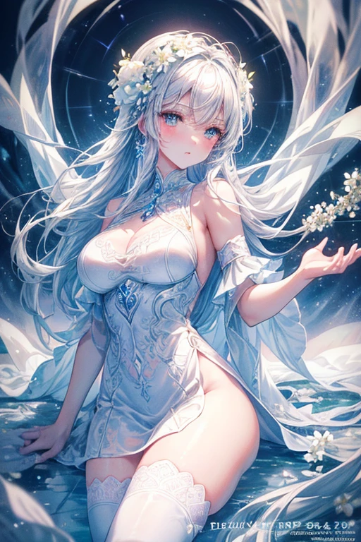 Paradise in Heaven, White lighting,(muste piece), (best quality), (cinematic), 8K, (art station), Li Yue painting style.(長いwhite hairとSilvery eyesを持つ1人の女), (Beautiful delicate face)、[ Particle Lou Full Moon] [Frozen trees々] [landscape crystal] [great writing] [Ethereal Atmosphere]:1.1] [Fantasy, short story] [soft great writing] [+cinematic shot]:1.2 [+art station] [+luminous white background] [+soft great writing] [soft glow] [Creative and dynamic angles]:1.3, [+Crystal Toning] 、muste piece, very detailed, Super detailed, solo, (pale skin), Silvery eyes, white hair, (snowy background), (snowflake rosen flower:1.0), (shining crystal),, (Snowy ground), (White lashes), sexy woman、dreamy and detailed, Gorgeous setting, 妖しい雰囲気 muste piece, The most beautiful scenes, majestic、(((full of white flowers)))、quiet and serene atmosphere、attractive, all white tones,Inside the crystal library,Transparent flowers and falling snow，Many white roses are planted,(flowingwater,falls,water bloom),The decoration is also carefully done.,Dreamy（very detailedです，creative design，crisp and precise lines，K HD，best quality，T Masterpiece，超High resolution，In 4K）、Diverse poses、((beautiful white flower hair ornament))、beautiful hairstyle、(best quality, In 4K, 8K, High resolution, muste piece:1.2), Super detailed, Detailed expression, Graceful posture, expressive brush strokes, mystic atmosphere, artistic interpretation,Delicate floral jewelry， (((Detailed design、Beautiful lace translucent dress、see-through small dress)))、(SFW:1.5), (Oversized breasts, best body proportions, proportions of large breasts,:1.5),(white decoration on thigh)、((Beautiful crystal accessories on the legs))。((Beautiful crystal accessories on the arm))