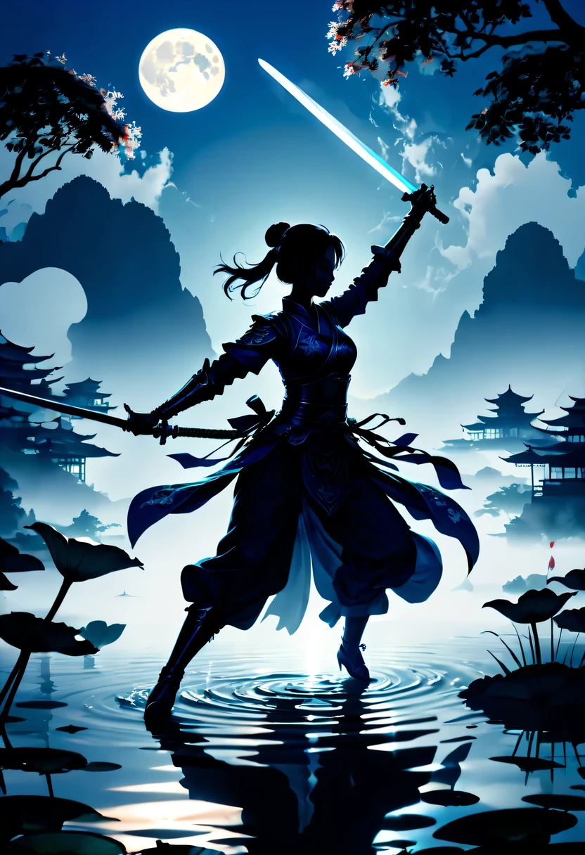 (Heroine dancing sword silhouette:1.5),Glowing sword,(Fighting posture,强That's it姿势:1.4),on the lake,high contrast, movie lighting, Enigmatic Atmosphere,,lotus flower,Lotus leaf,corrugation,(water splash;1.4),a moon,That's it,swordsman,Kungfu