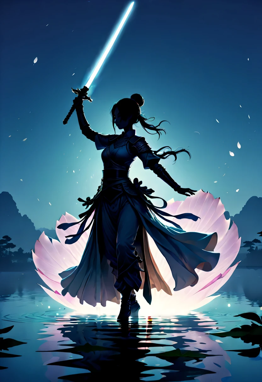 (Heroine dancing sword silhouette:1.5),Glowing sword,(Fighting posture,强That's it姿势:1.4),on the lake,high contrast, movie lighting, Enigmatic Atmosphere,,lotus flower,Lotus leaf,corrugation,(water splash;1.4),a moon,That's it,swordsman,Kungfu