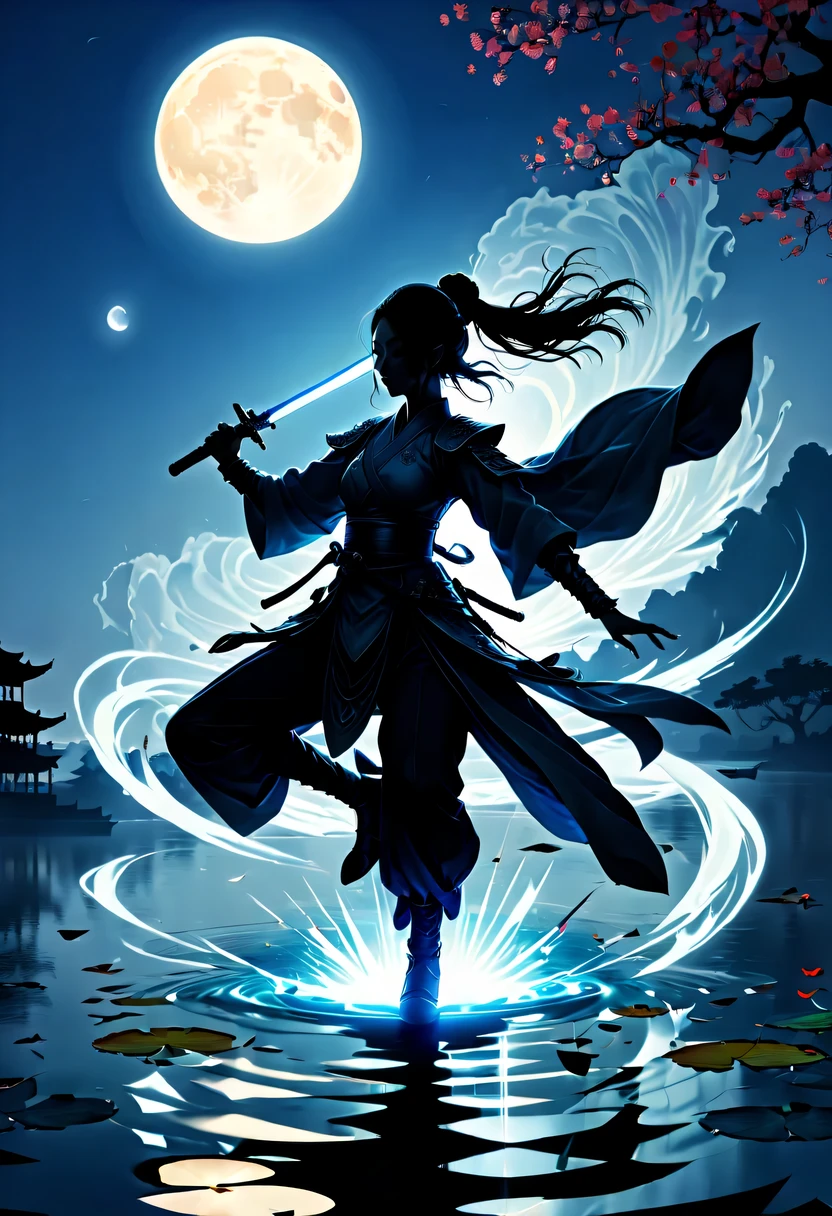 (Heroine dancing sword silhouette:1.5),Glowing sword,(Fighting posture，强That&#39;s it姿势:1.4),on  the lake，high contrast, movie lighting, Enigmatic Atmosphere,，lotus flower，Lotus leaf，corrugation，water splash，a moon，That&#39;s it，swordsman，Kungfu