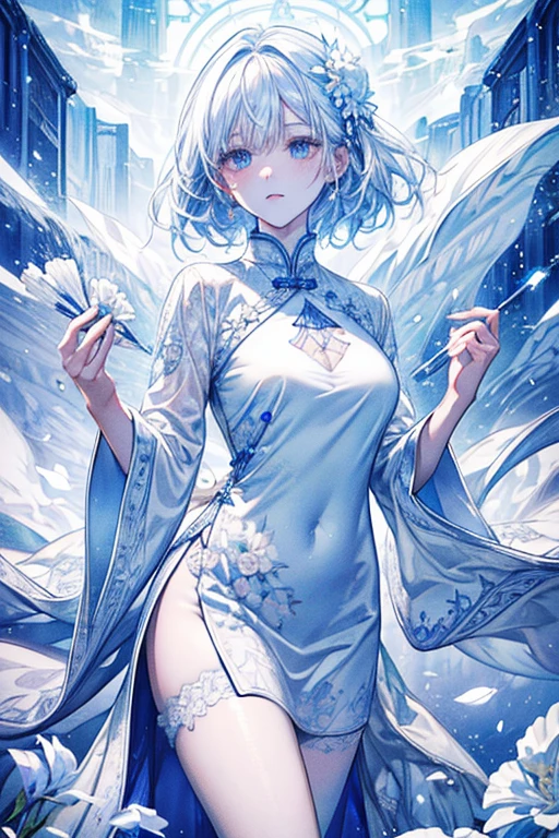 Paradise in Heaven, White lighting,(muste piece), (best quality), (cinematic), 8K, (art station), Li Yue painting style.(長いwhite hairとSilvery eyesを持つ1人の女), (Beautiful delicate face)、[ Particle Lou Full Moon] [Frozen trees々] [landscape crystal] [great writing] [Ethereal Atmosphere]:1.1] [Fantasy, short story] [soft great writing] [+cinematic shot]:1.2 [+art station] [+luminous white background] [+soft great writing] [soft glow] [Creative and dynamic angles]:1.3, [+Crystal Toning] 、muste piece, very detailed, Super detailed, solo, (pale skin), Silvery eyes, white hair, (snowy background), (snowflake rosen flower:1.0), (shining crystal),, (Snowy ground), (White lashes), sexy woman、dreamy and detailed, Gorgeous setting, 妖しい雰囲気 muste piece, The most beautiful scenes, majestic、(((full of white flowers)))、quiet and serene atmosphere、attractive, all white tones,Inside the crystal library,Transparent flowers and falling snow，Many white roses are planted,(flowingwater,falls,water bloom),The decoration is also carefully done.,Dreamy（very detailedです，creative design，crisp and precise lines，K HD，best quality，T Masterpiece，超High resolution，In 4K）、Diverse poses、((beautiful white flower hair ornament))、beautiful hairstyle、(best quality, In 4K, 8K, High resolution, muste piece:1.2), Super detailed, Detailed expression, Graceful posture, expressive brush strokes, mystic atmosphere, artistic interpretation,Delicate floral jewelry， (((Detailed design、Beautiful lace translucent dress、see-through small dress)))、(SFW:1.5), (Oversized breasts, best body proportions, proportions of large breasts,:1.5),(white decoration on thigh)、((Beautiful crystal accessories on the legs))。((Beautiful crystal accessories on the arm))