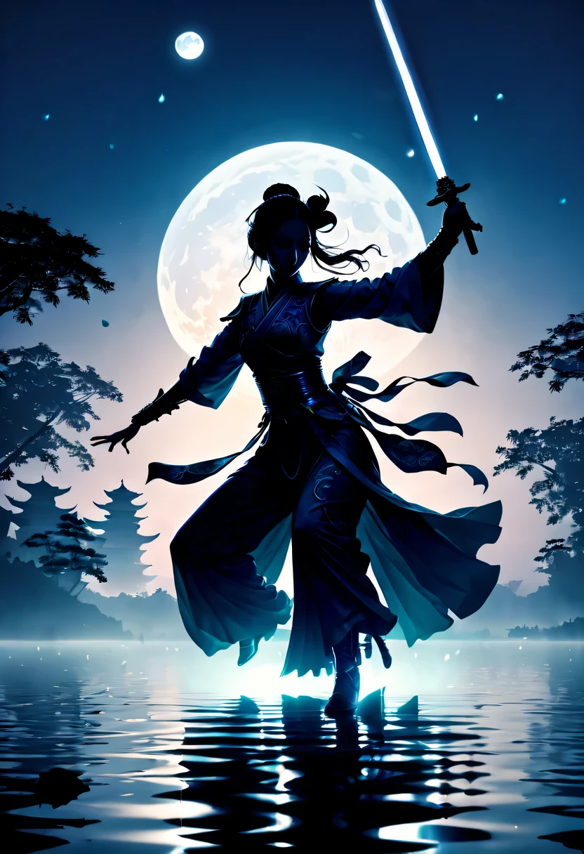 (Heroine dancing sword silhouette:1.5),Glowing sword,(Fighting posture,强That's it姿势:1.4),on the lake,high contrast, movie lighting, Enigmatic Atmosphere,,lotus flower,Lotus leaf,corrugation,water splash,a moon,That's it,swordsman,Kungfu