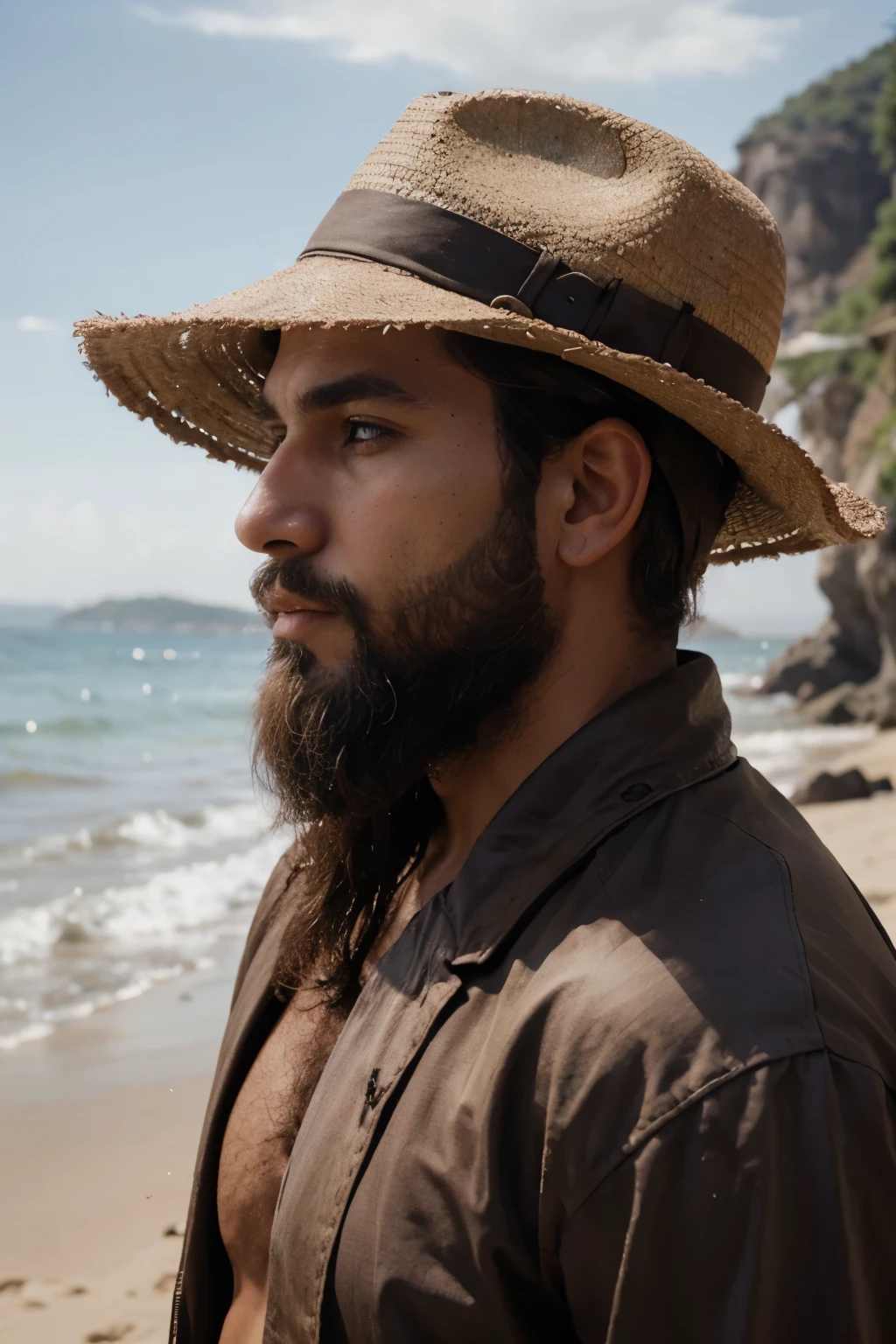 there is a man with a beard and a hat on a beach, face partially obscured, head slightly tilted, detailed unblurred face, side profile cenetered portrait, face obscured, zoomed out portrait of a duke, ( ( brown skin ) ), close - up profile face, ( brown skin ), entire person visible, right hand side profile. Un vikingo gritando, guerrero antiguo vista lateral. Primer plano. Pelo largo. Ojos azules.