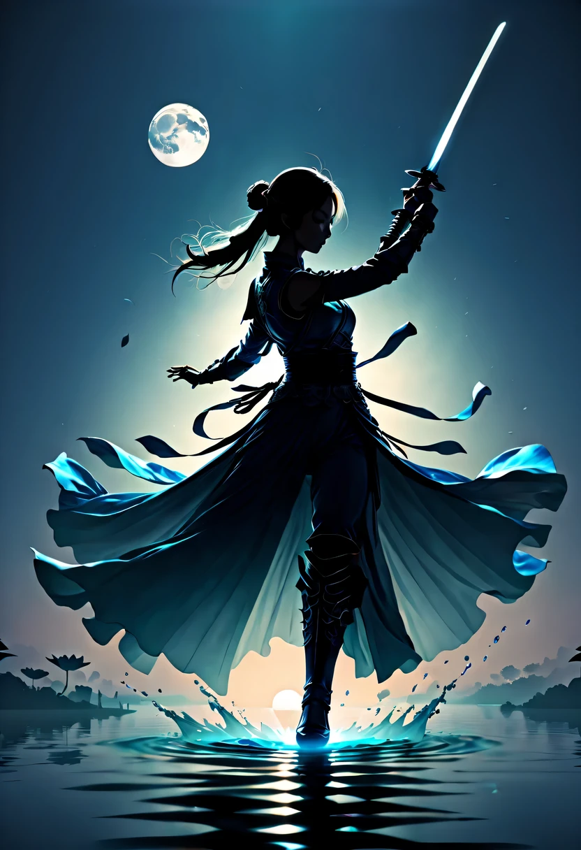 (Heroine dancing sword silhouette:1.5),Glowing sword,(Fighting posture,强That's it姿势:1.4),on the lake,high contrast, movie lighting, Enigmatic Atmosphere,,lotus flower,Lotus leaf,corrugation,water splash,a moon,That's it,swordsman,Kungfu